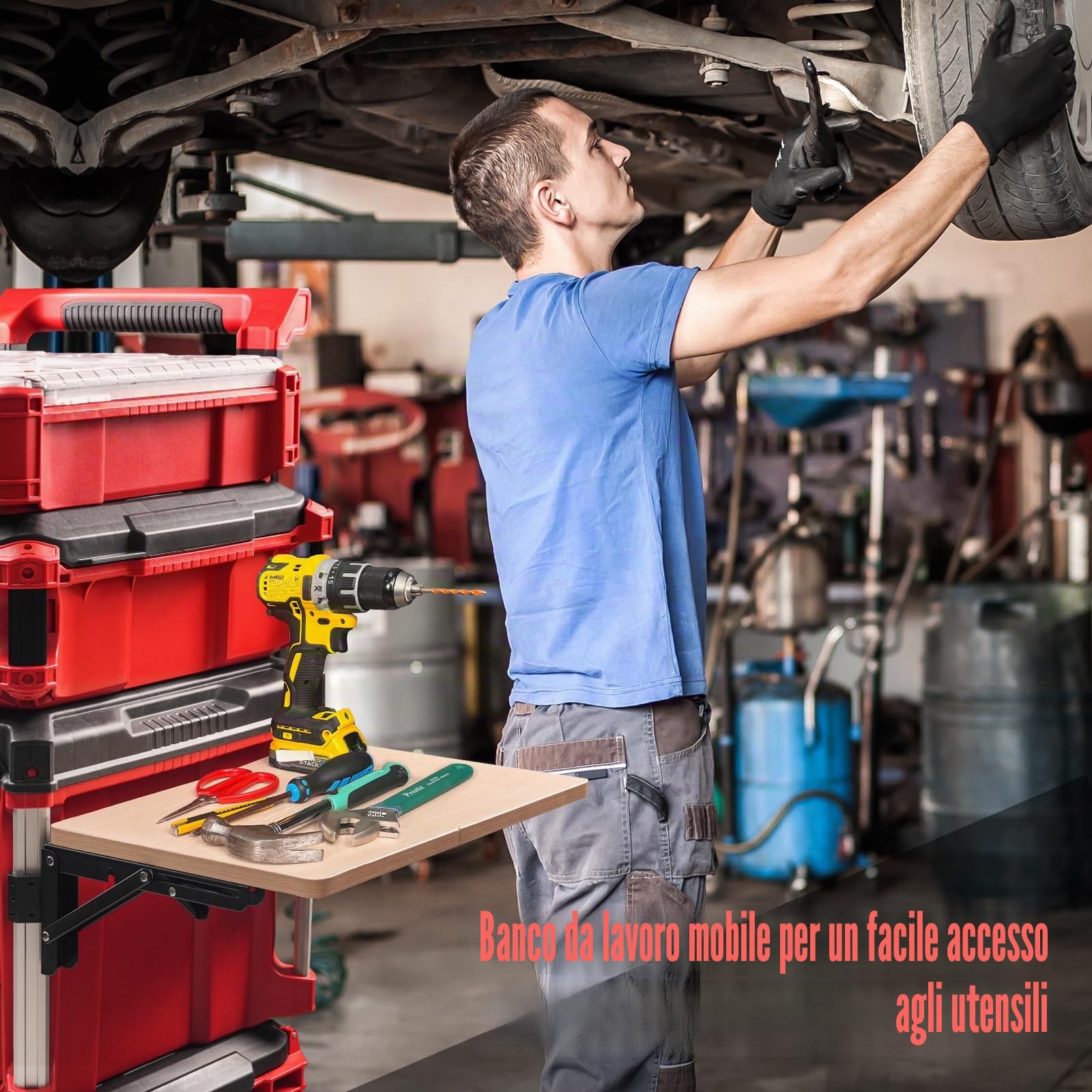 Stabile tavolo da lavoro pieghevole compatibile con valigetta degli attrezzi Milwaukee Packout, ripiano laterale per il vostro sistema Packout
