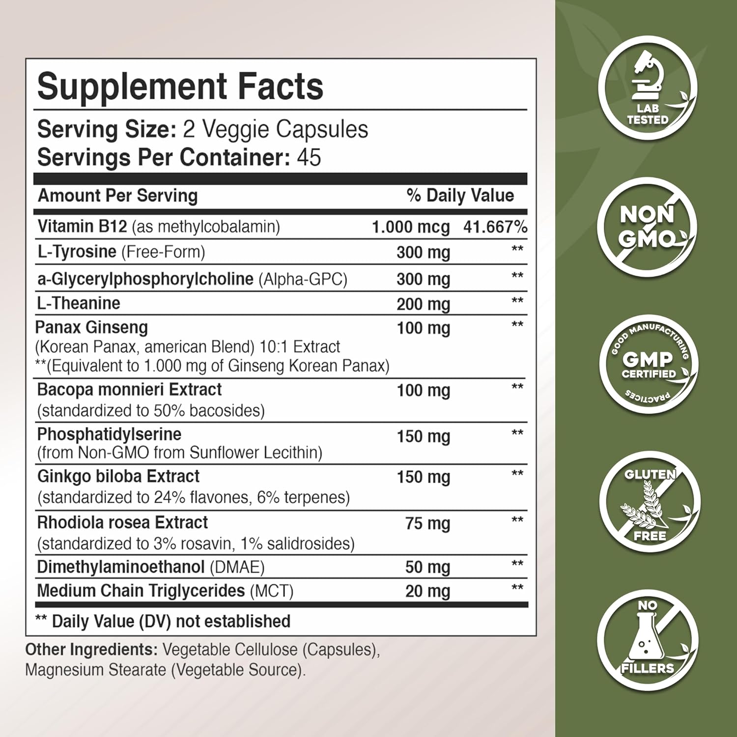 Gade Nutrition Alpha GPC + Ginkgo Biloba + Panax Ginseng + L- Tyrosine, L-Theanine, Bocopa Monnieri, Rhodiola Rosea, B12, MCT