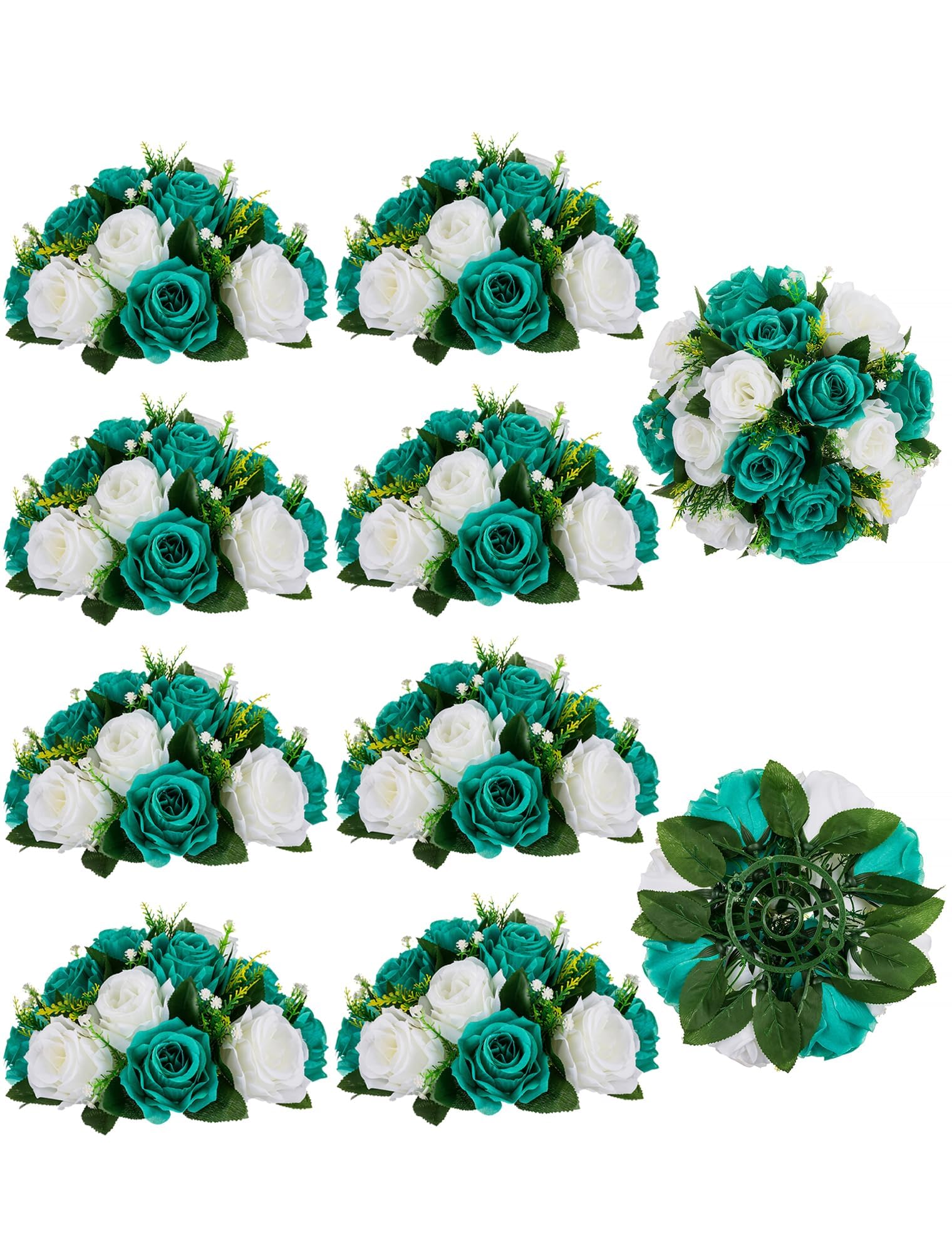 BLOSMON Blumenstrauß Blumengestecke Künstlich Deko Rose 10 Pcs Künstliche Blumenstrauss Blau-Grün & Weiß Blumen Tischdekoration Blumenkugel Valentinstag Rosenstrauss for Hochzeit Muttertagsgeschenk