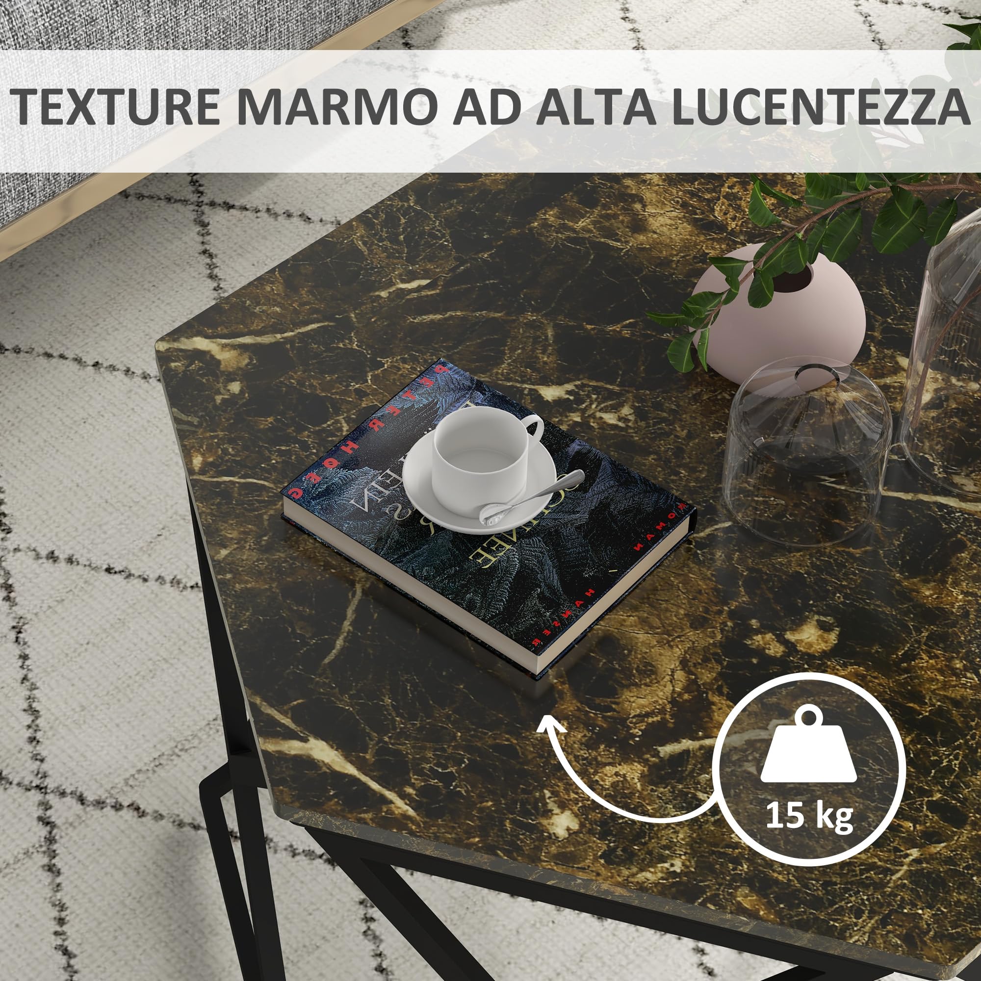 HOMCOM Tavolino da Salotto Moderno con Piano in Finto Marmo e Struttura in MDF e Acciaio, 81x70x51.2cm, Nero