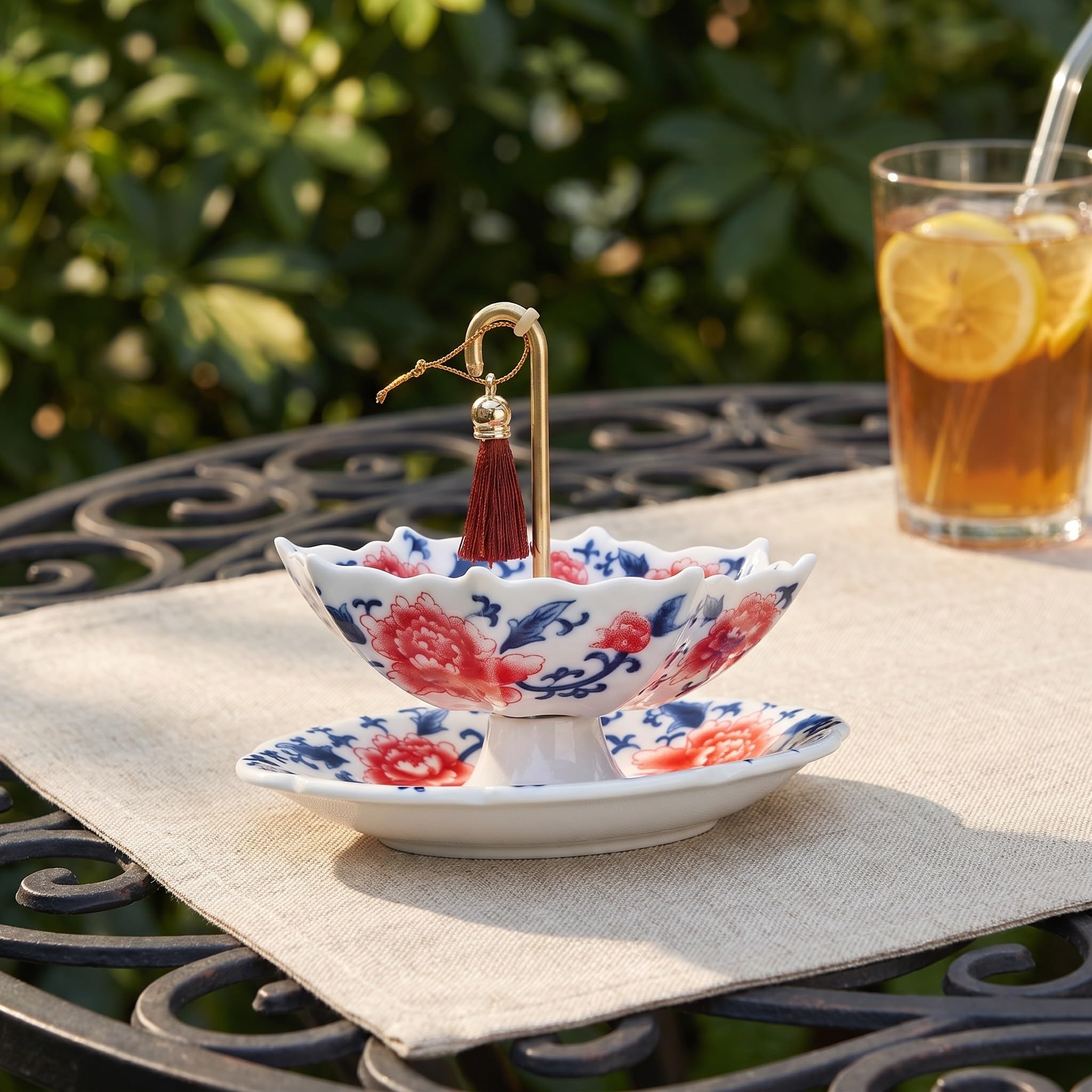 OUNONA 1 juego de colador de té de cerámica con forma de paraguas, filtro azul y blanco con soporte para té de hojas sueltas, accesorio para la ceremonia de beber de Kung Fu chino para el hogar, la