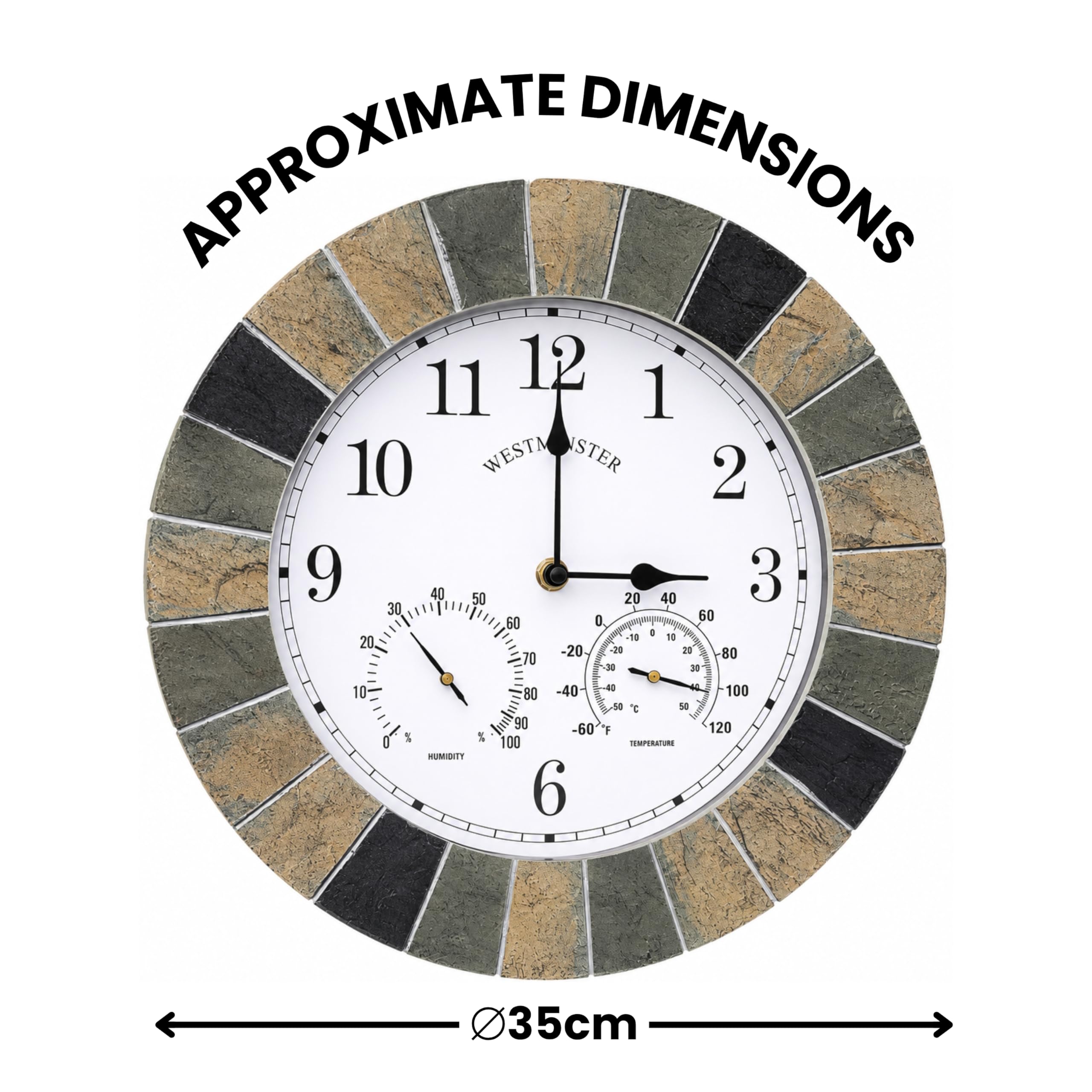 Homezone Westminster - Reloj de jardín y termómetro de 10 pulgadas, resistente al agua, duradero, decoración de jardín, para patio, cocina, sala de estar (reloj de pizarra de piedra)