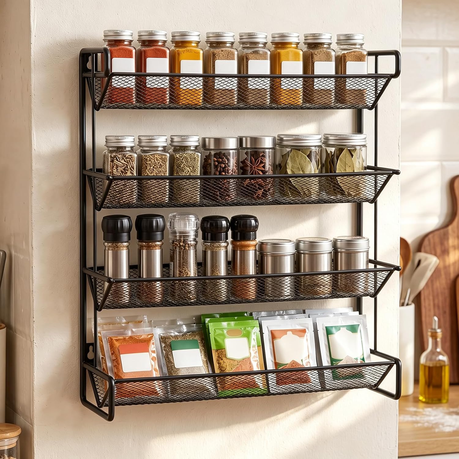 Farmhouse Spice Rack, 4 Tier Black Wall Mount Organizer, 13.39 Inch