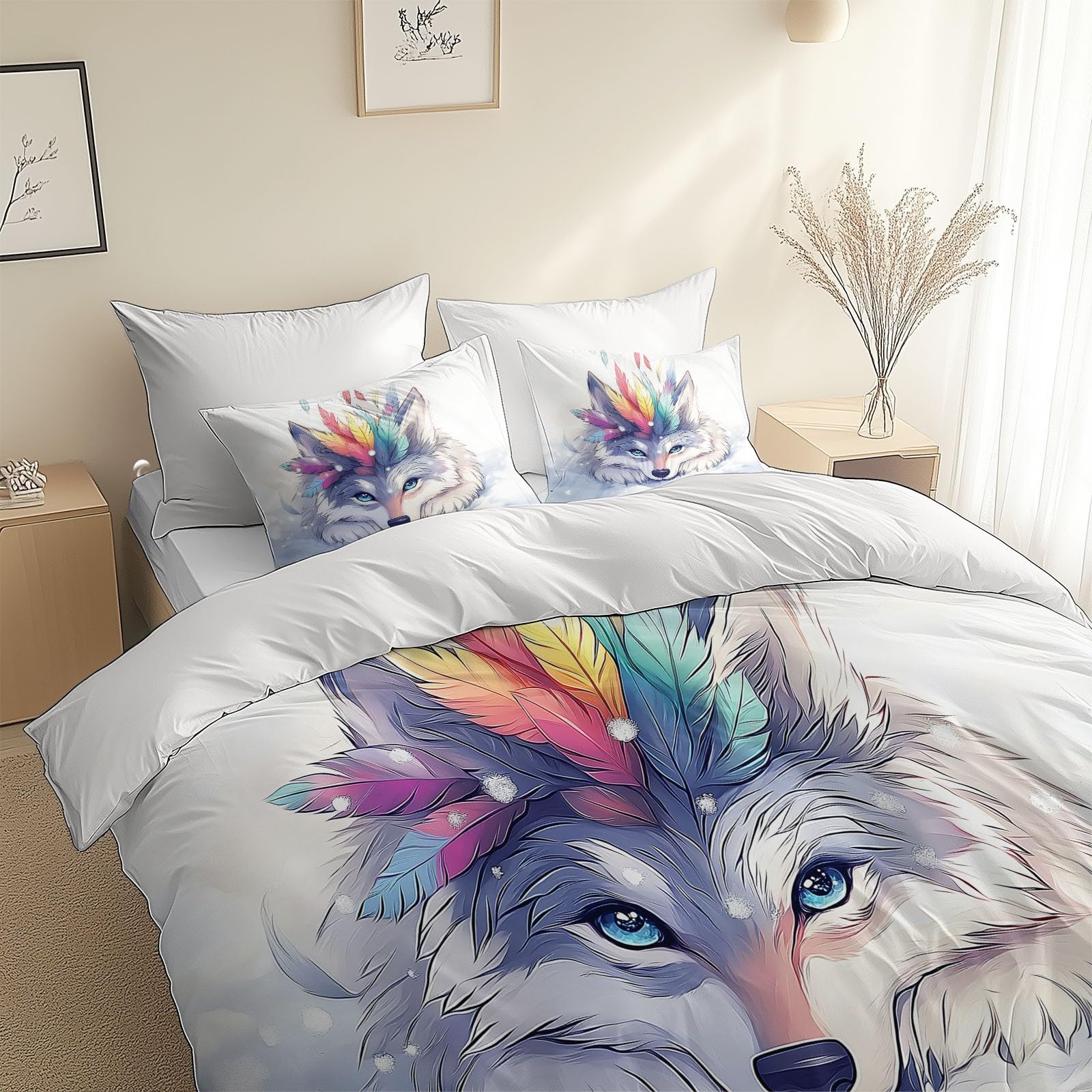 Dream Duvet Cover Kolorowe Wilk Pióra 3-Częściowa Pościel z Kości Słoniowej - Premium Mikrofibra Dwustronna Poszwa Na Kołdrę I Poszewki Na Poduszki - Zestaw poszewek na kołdrę 220 x 240 cm