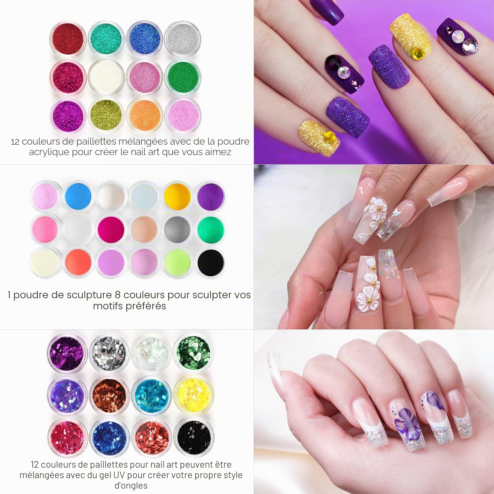Phoenixy Kit Ongle Acrylique Complet 42 Couleurs Paillette Ongles Nail Art et 3 Poudre Acrylique pour Ongles Professionnel Set pour Débutants
