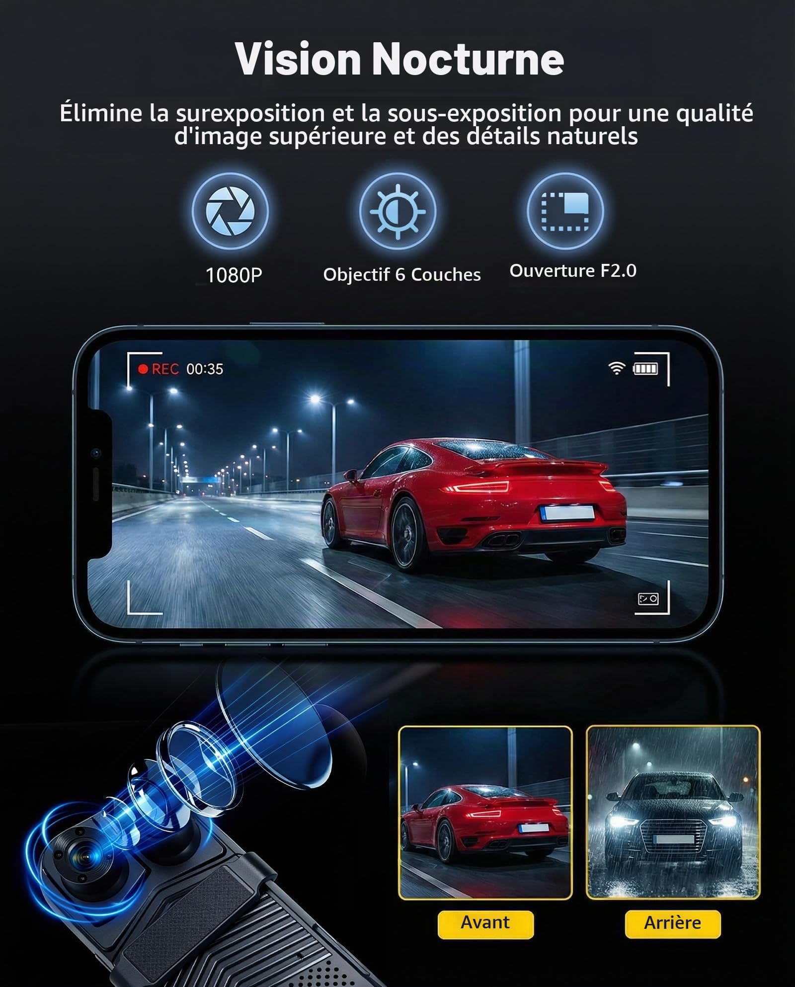 SIXWIN Rétroviseur Dashcam 9,66" Tactile 1080P HD 3 Canaux WiF | Enregistrement 1080P + 2×720P | Vision Nocturne, Boucle, Capteur G, Caméra de Recul, Angle 150° | Installation Universelle