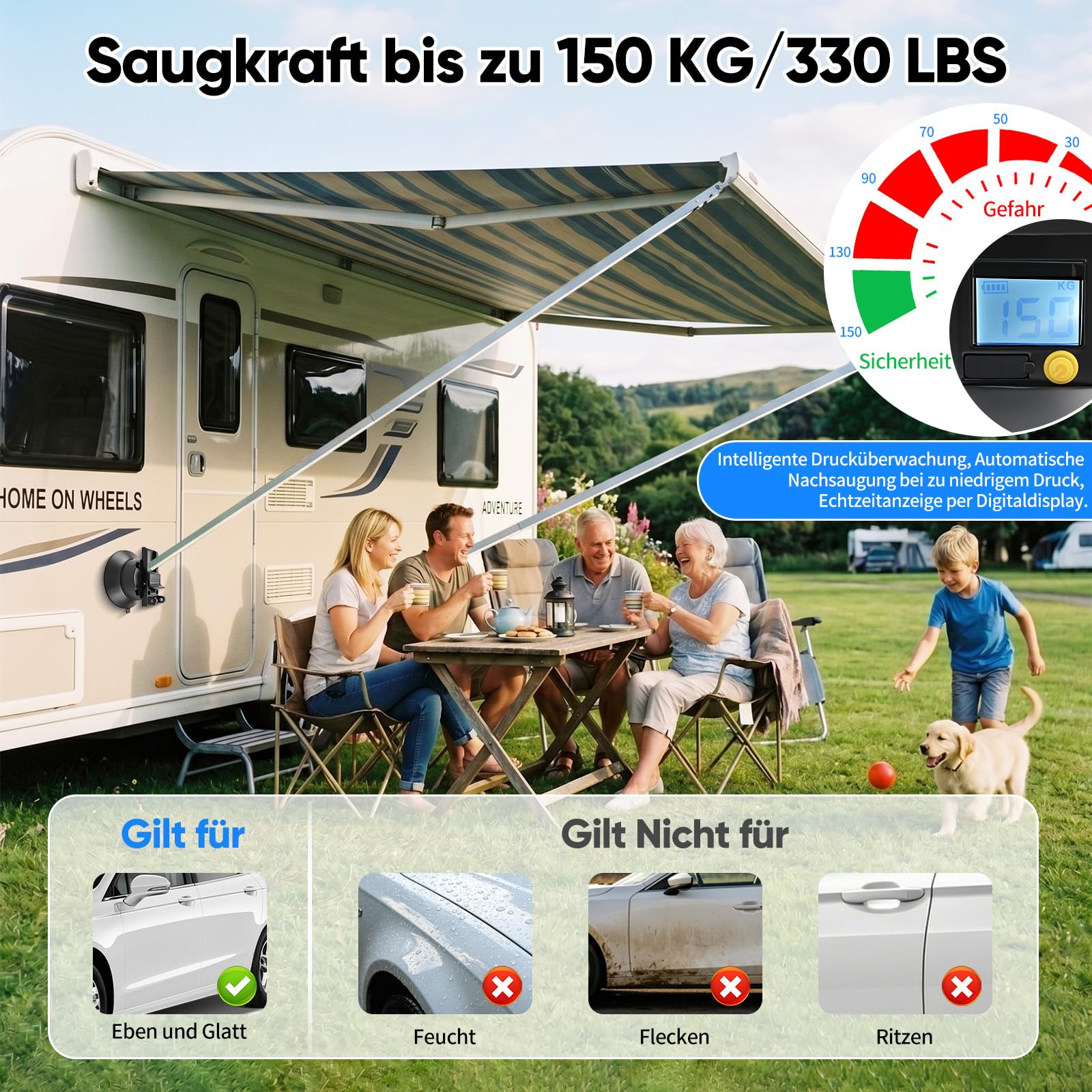 Akku Markisenhalterungen Wohnmobil,Max.150KG ,2 Stück Markisenhalter für Thule, Fiamma und DOMETIC Markisenfuss,Markisenfusshalter für Camper,Wohnwagen Zubehör, Saugnapfhalterung für Markisenfuß