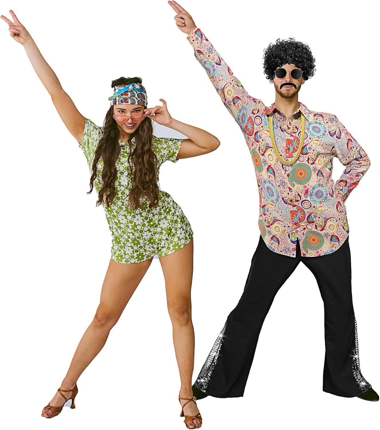 6 Pcs Men's 70s 80s Disco Outfit Costume Dance Bell Bottom Pants Retro Shirts Moustache Sunglasses Wigs Necklace - Image 3