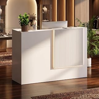 Laxodor 63-inch white reception desk with counter and charging outlets