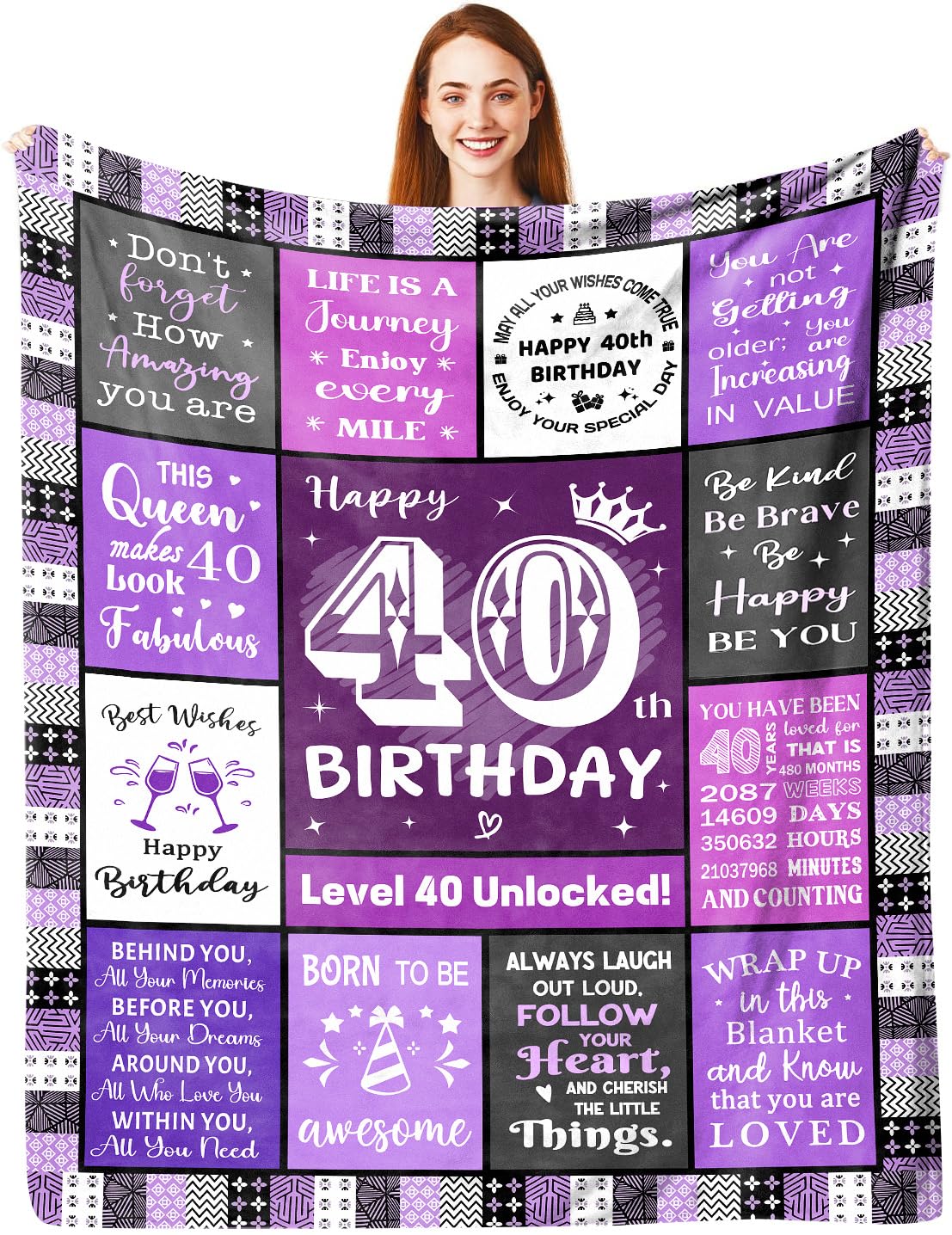 ACAATVE 40th Birthday Gifts for Women Blanket 150 x 130 cm | Purple Personalised 40 Year Old Birthday Decoration Flannel Throw Gift for Woman, Happy Turning 40 Presents for Her Born in 1985