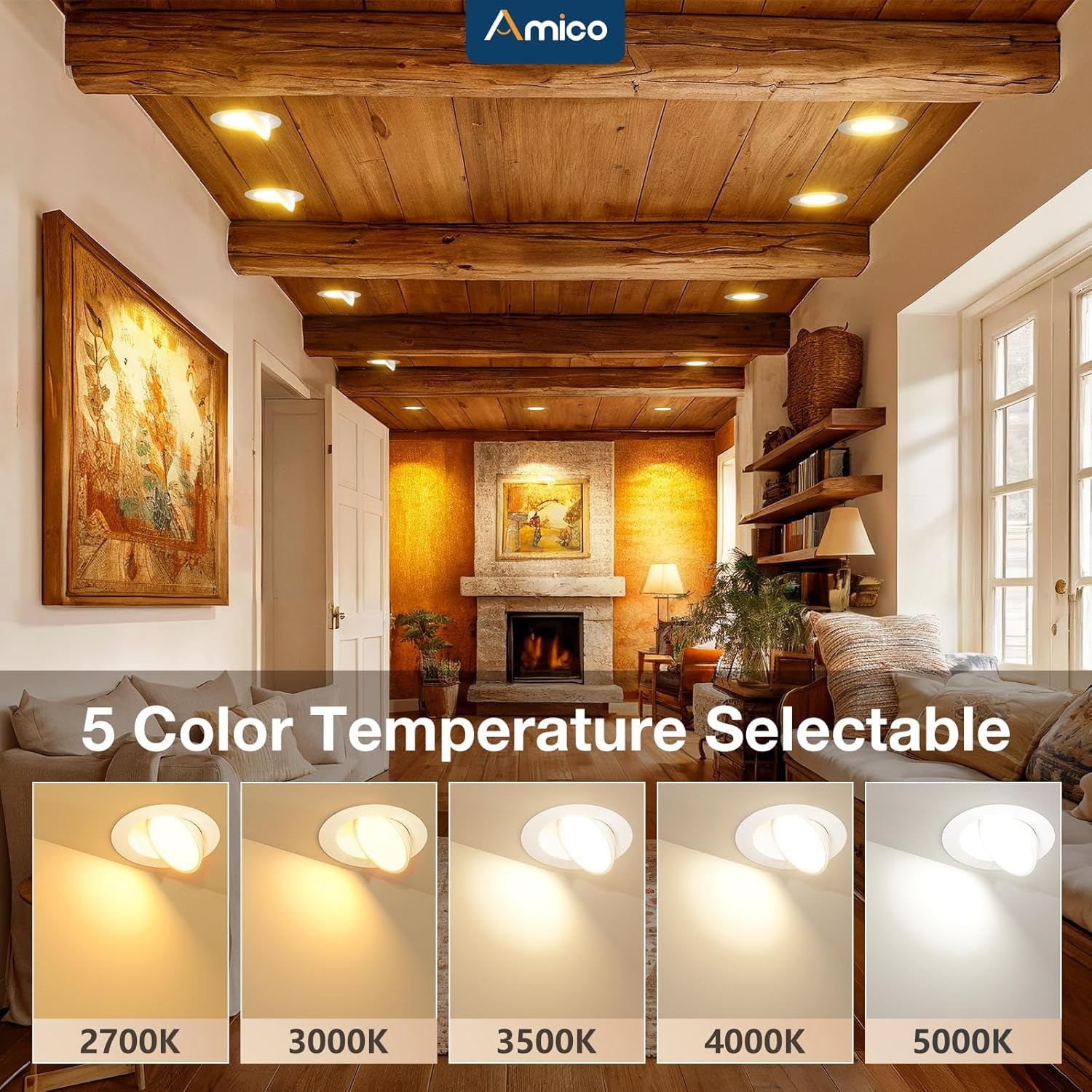 Amico 6 Pack 6 Inch 5CCT Gimbal LED Recessed Lighting, 360°&90° Adjustable Eyeball Directional Downlight, Dimmable, 2700K/3000K/3500K/4000K/5000K Selectable, CRI90+ 12W 1200LM, ETL&FCC - Image 3