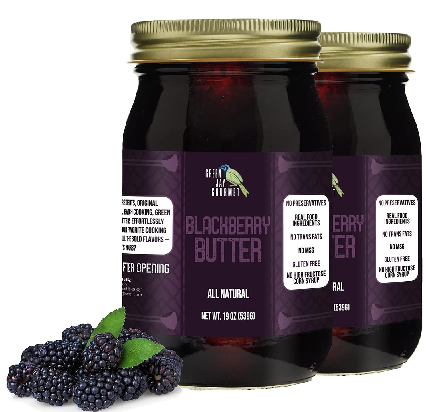 Green Jay Gourmet Blackberry Butter - All-Natural, Gluten-Free Fruit Spread - Blackberry Spread w/Fresh Blackberries - Gourmet Fruit Butter - No Corn Syrup, Preservatives or Trans-Fats - 2 x 19 Ounce