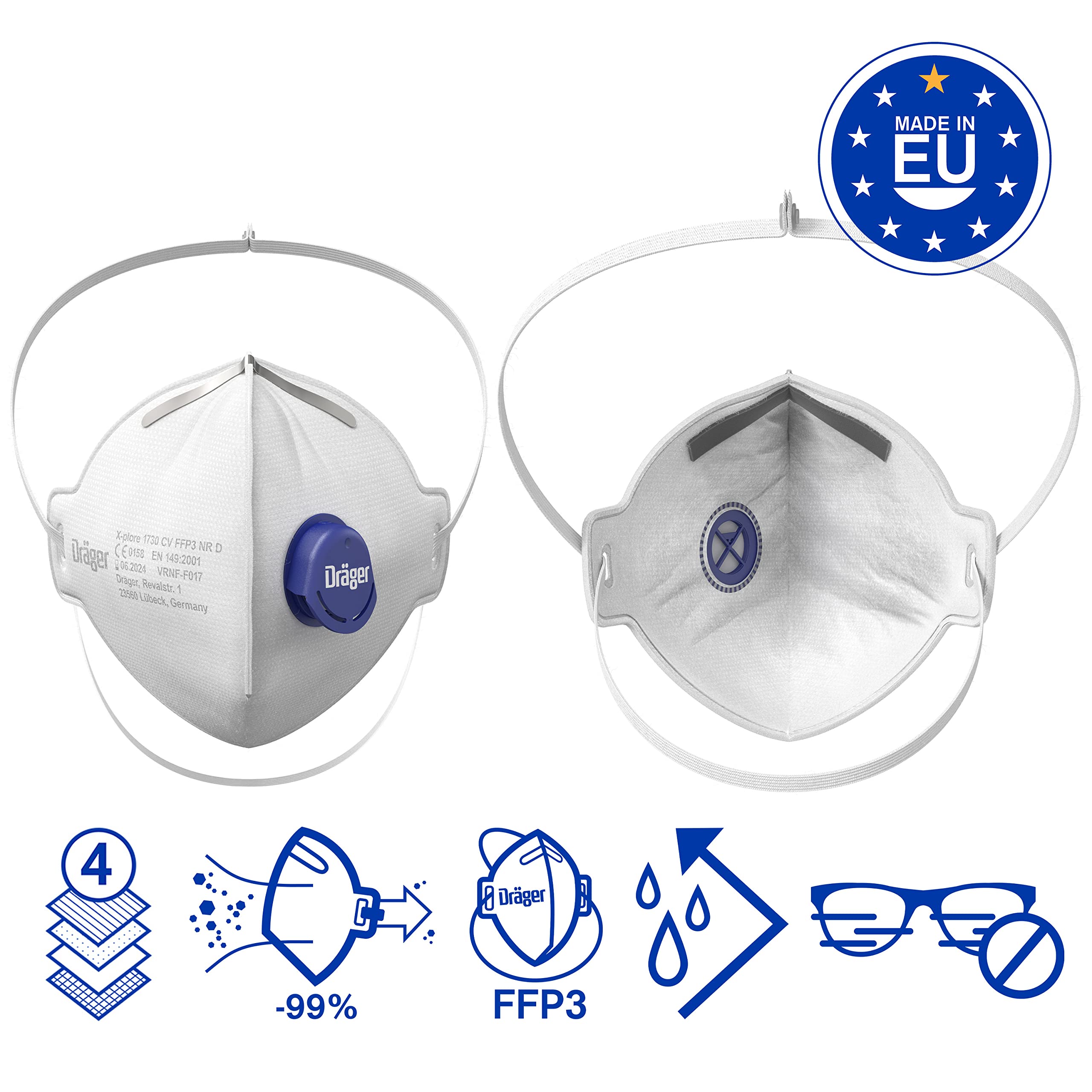 Dräger X-plore 1730 C V Masque FFP3 à valve - Lot de 10 | Masque jetable fabriqué en France pour bricolage, ponçage, chantier