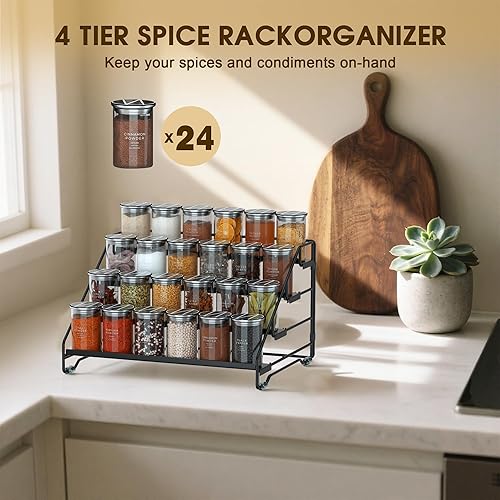 Miniatura 5 de Jolitac Organizador de especias de 4 niveles, estante ajustable de profundidad, estante de especias de metal, perfecto para almacenamiento de