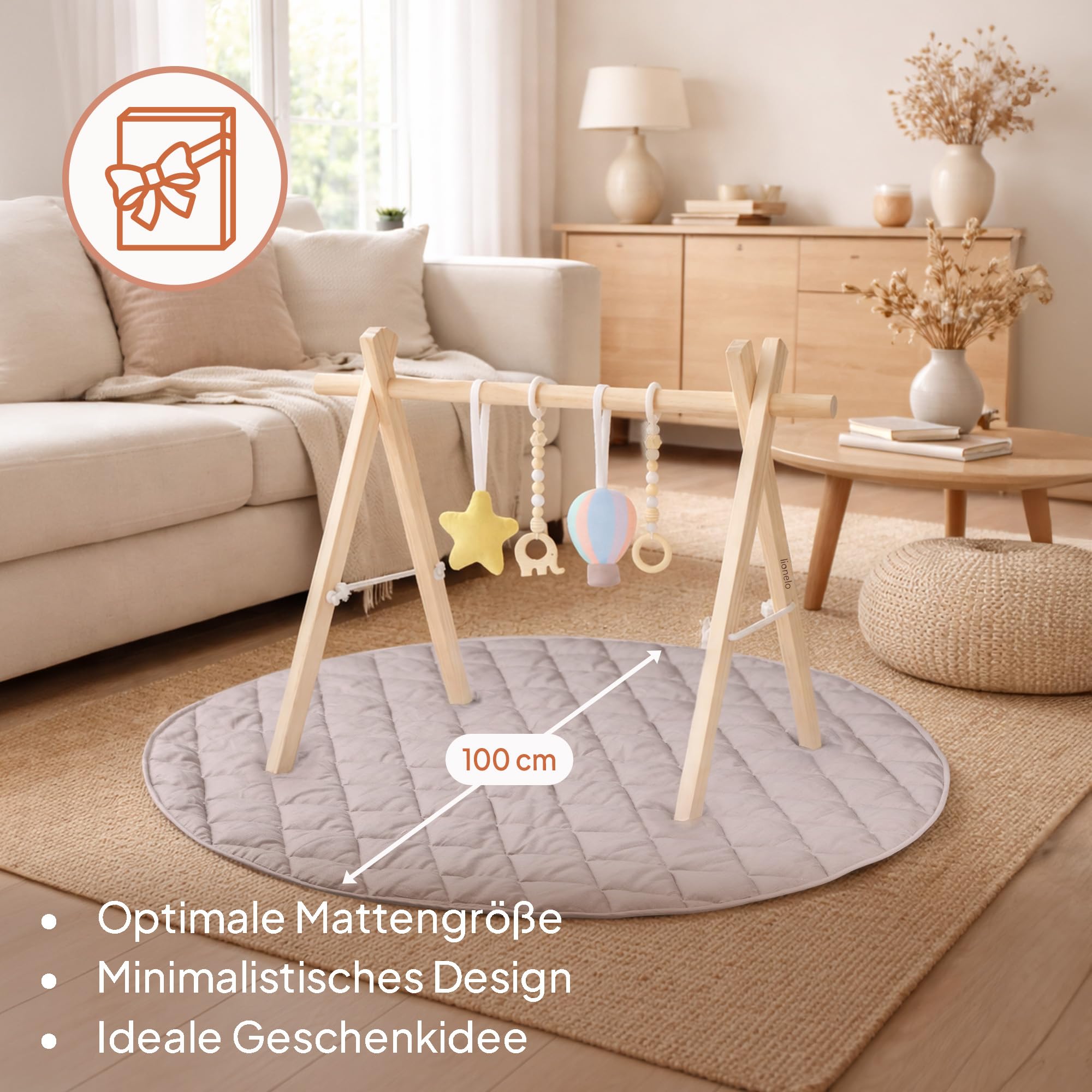 Lionelo Anis Set Baby Gym mit klappbarem Holz-Spielbogen & abnehmbaren Spielzeugen, große 100 cm Krabbel- & Spieldecke aus Baumwolle, 2 cm weich & rutschfest, Montessori Spielmatte für Babys | mit abnehmbaren Spielzeugen, große 100 cm Krabbel- & Spieldeck