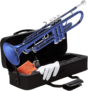 Mendini By Cecilio Bb Standard Trumpet Set for Beginners - Blue | Brass Trumpet Instrument with Hard Case, 7C Mouthpiece, Valve Oil, Cleaning Cloth & Maintenance Kit & Gloves