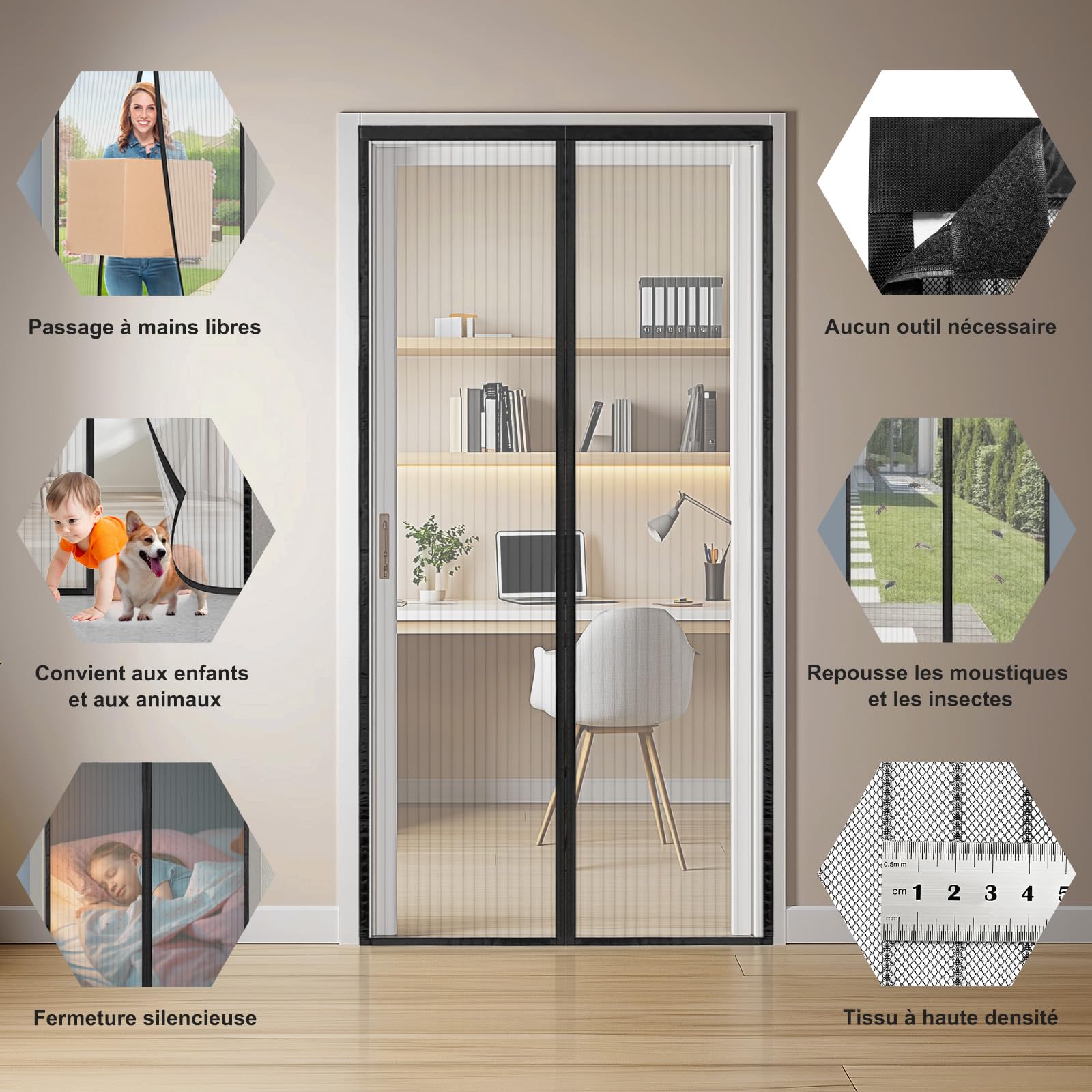 Moustiquaire Porte Fenetre Magnétique Sans Perçage 140x210 cm, Magnétique moustiquaire porte, Fermeture Automatique, Maille Ultra-Fine Antimoustique Noir