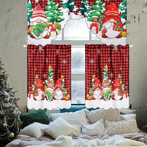 Miniatura 6 de Frienda Juego de 6 cortinas de cocina de Navidad, juego de cortinas de ventana y cenefa, muñeco de nieve, árbol de Navidad, gnomo, búfalo, festón a