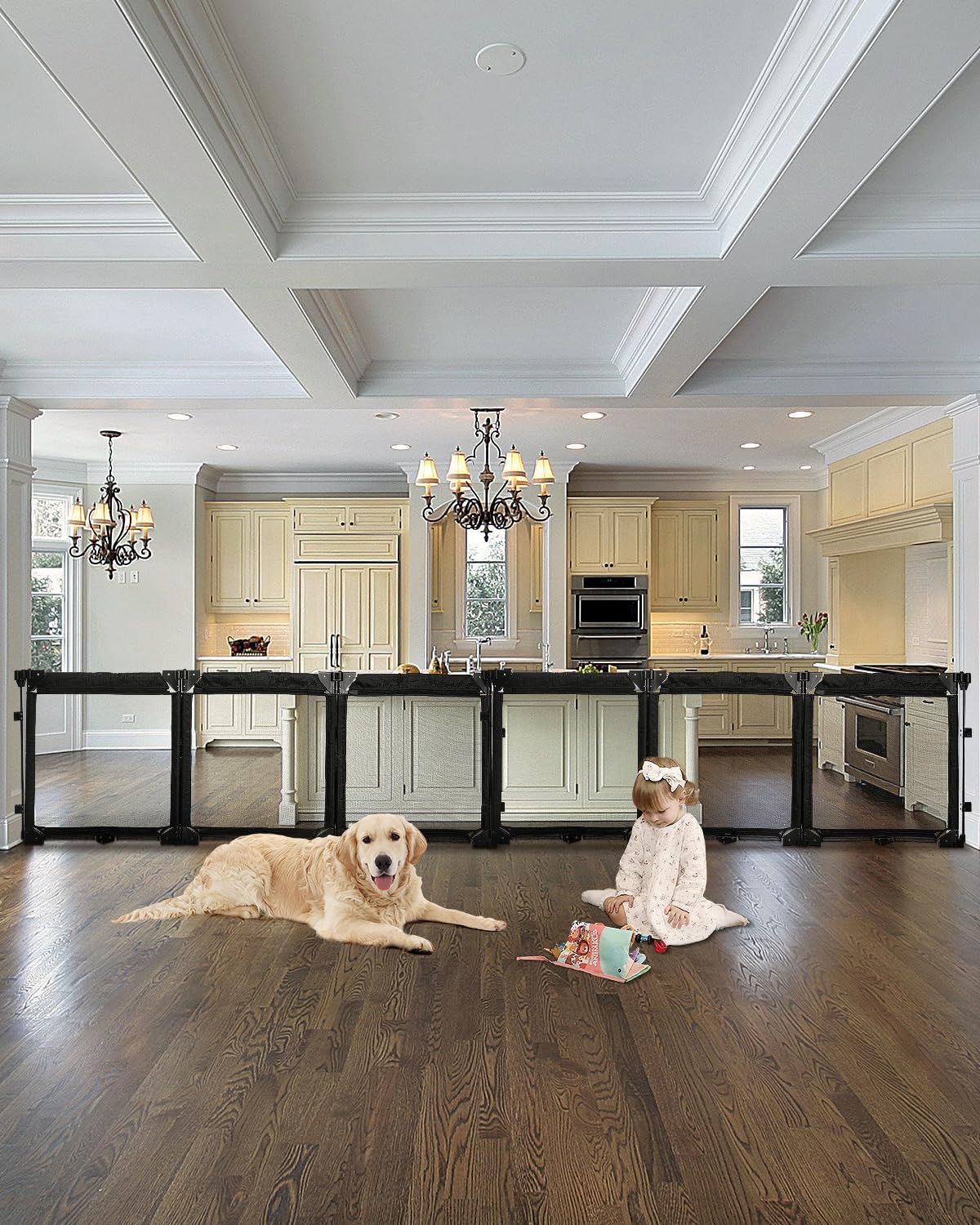 Patywaga Extra Wide Baby Gate Playpen with Heat-Resistant Mesh,6 Panel Foldable Baby Fence,Indoor/Outdoor Safety Barrier,Dog Playpen & Fireplace Gate