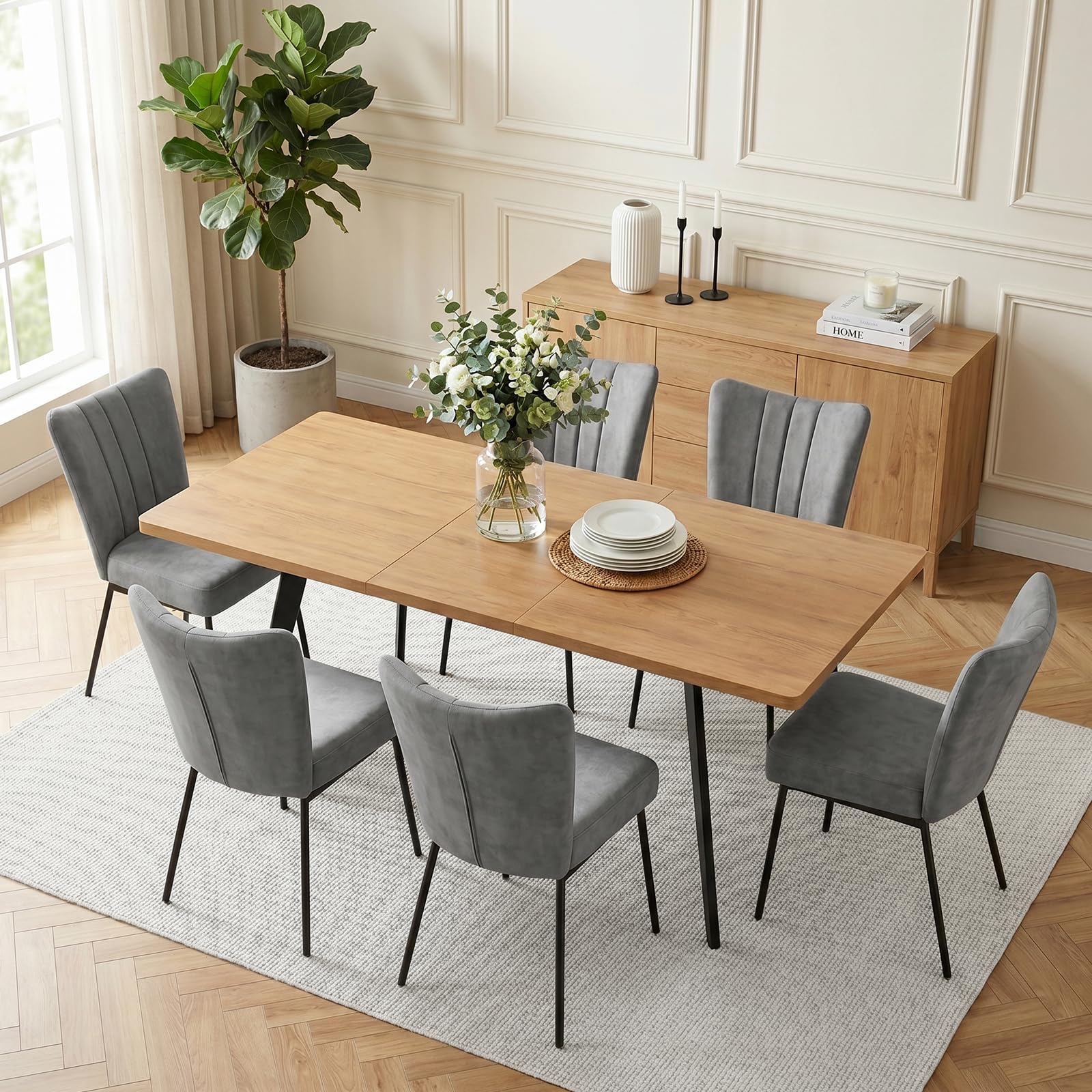 JIEXI Ausziehbares Esstischset mit 6 Stühlen, platzsparender Tisch aus MDF-Holz und stabilem Metallgestell, perfekt für Esszimmer, Küchen und Wohnungen – Tisch aus Eiche + Stühle aus grauem Samt