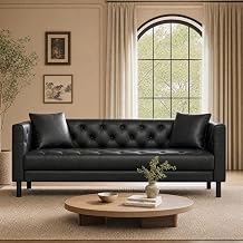 81.1" Chesterfield Sofa, 3 Seater PU Leather Upholstered Couch with Button Tufted Back & 2 Throw Pillows, Mid Century Modern Deep Seat Sofa for Living Room, Apartment, Bedroom, Office, Black