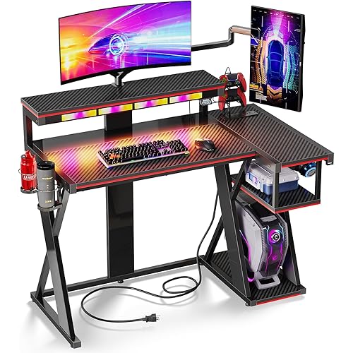 Bestier Computer Desk with Music Sync Light, Flow Vibe Corner Desk with Monitor Stand and PS5 Storage Shelves, Cup Holders, and Headset Hooks for Bedroom Small Space (Black Red, 42 Inch)