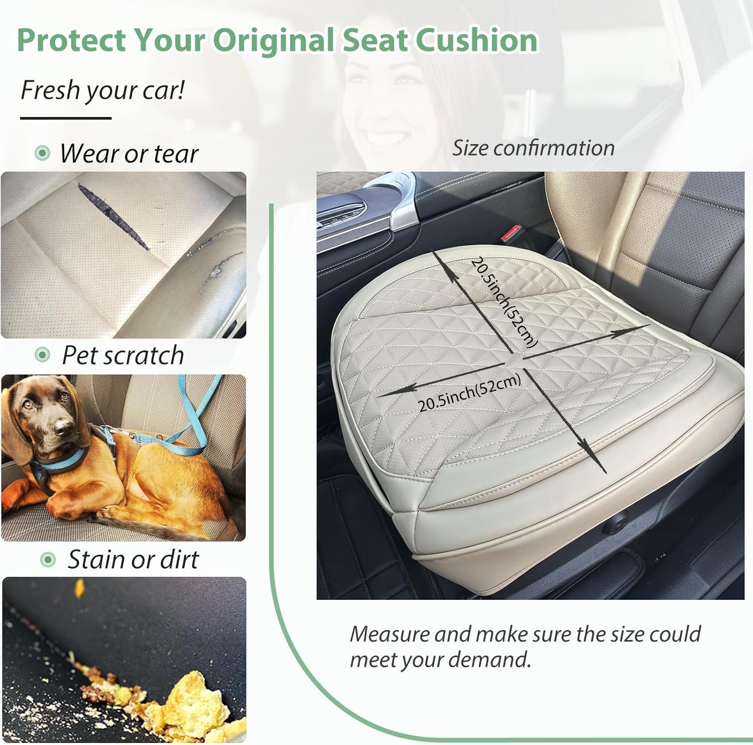 2 Pack Leather Front Car Seat Cover Bottom Only, Anti-Slip Padding Seat Cushion, Full Wrap Seat Protector with Storage Function Universal Fit for Most Cars, SUV, Pick-up Trucks (Beige)