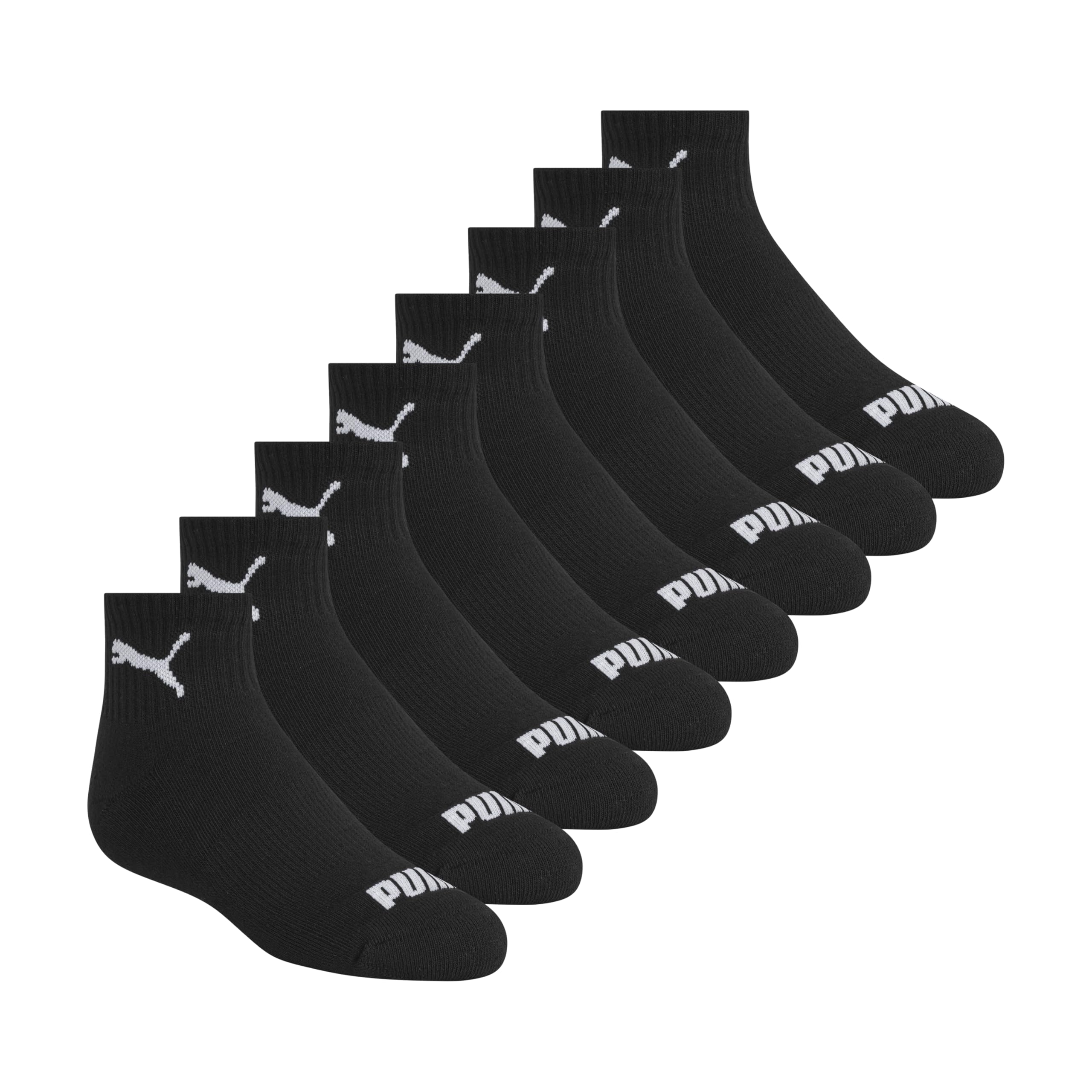 PUMA 8 Pack Boys' High Quarter Crew Socks, Black/White, 9-11