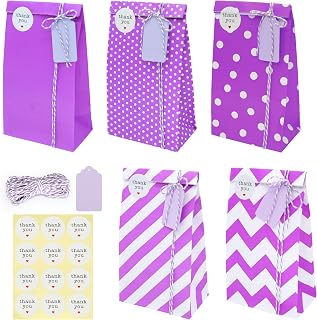 SMINTINE 30-Pack Purple Goodie Bags With Thank You Stickers Paper Tags Purple & White Cotton Bakers Twine String 5x3x9 Inch Party Favor Bag Small Gift Bag For Kids Birthday, Halloween Party Favors