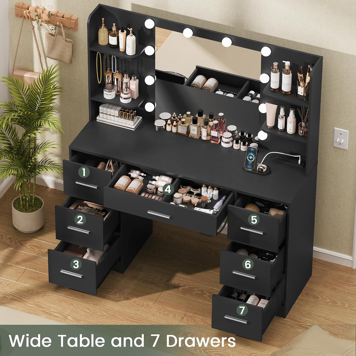 Aereo view of the vanity desk with all 7 drawers open, showing various cosmetics and accessories stored inside. Drawers are numbered 1 through 7.