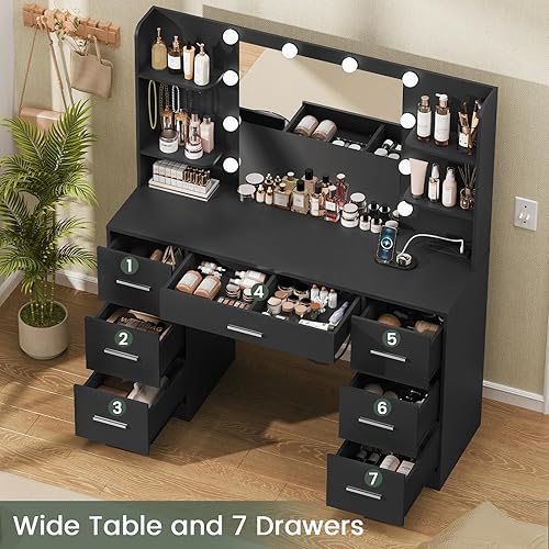 Miniatura 3 de Quimoo Escritorio grande con espejo iluminado LED y toma de corriente, mesa de tocador de maquillaje con 7 cajones, 4 estantes y 5 ganchos, mesa de