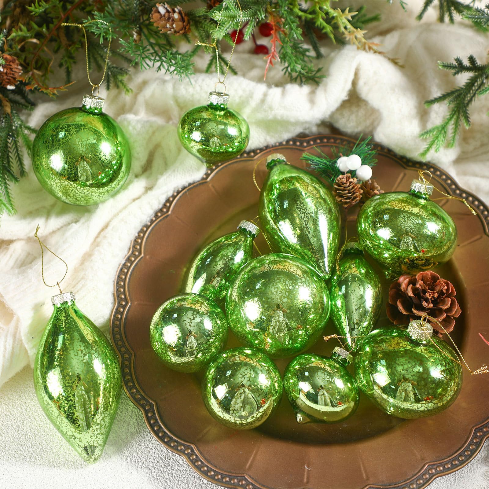 Soulchen Lot de 12 boules de Noël en verre mercure à paillettes vert clair - Décorations de sapin de Noël à suspendre pour arbres, fêtes, mariages