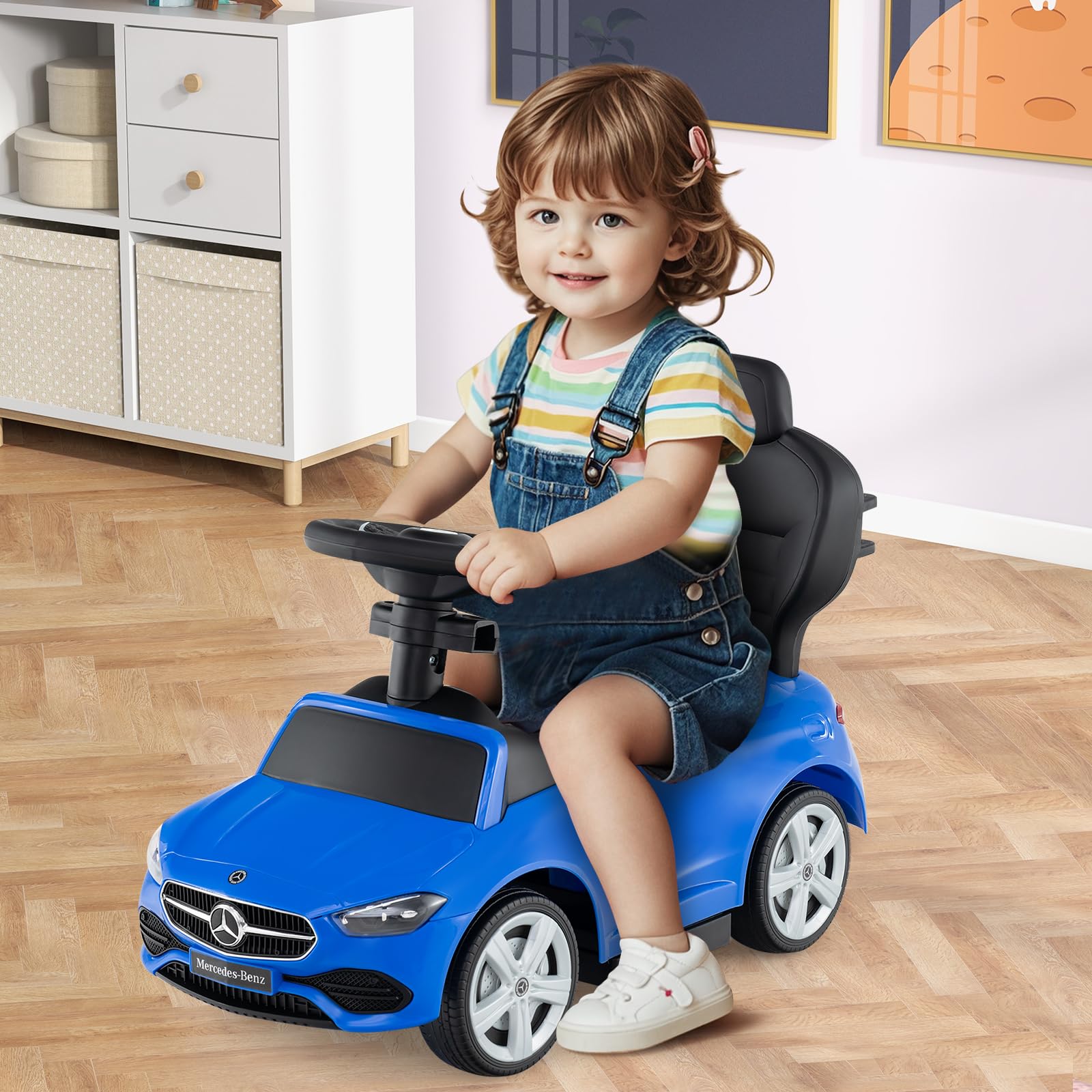 GOPLUS Samochód przesuwny 3 w 1, samochód zjeżdżalny Mercedes-Benz z regulowanym daszkiem i miejscem do przechowywania pod siedzeniem, pojazd ślizgowy z realistycznymi dźwiękami dla dzieci w wieku 18