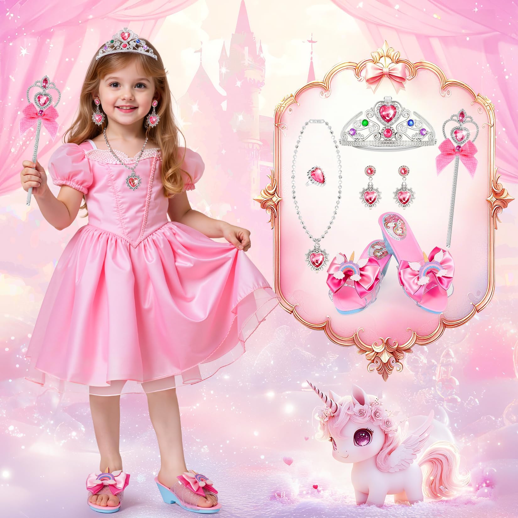 Prinzessin Schuhe Mädchen, Kinder Stöckelschuhe mit Absatz, Zubehör Set mit Krone Zauberstab Schmuck,Glitzer Design,Spielset Verkleidung Karneval,Rollenspiel Zubehör,Geburtstag Weihnachten für Mädchen