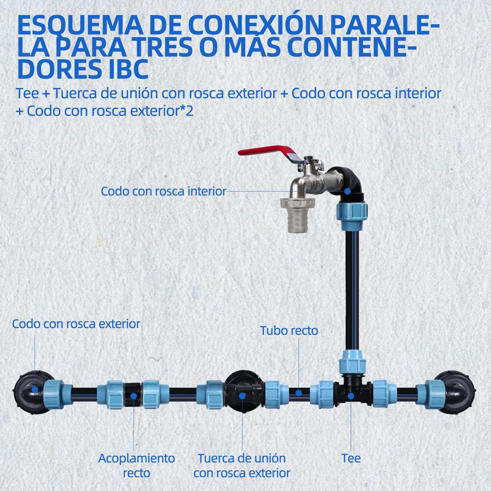IBC - Kit de conexión para 3 depósitos IBC o barriles de lluvia, incluye grifo de cuello de cisne de 3/4", salida con conexión de manguera, ideal para riego de jardín