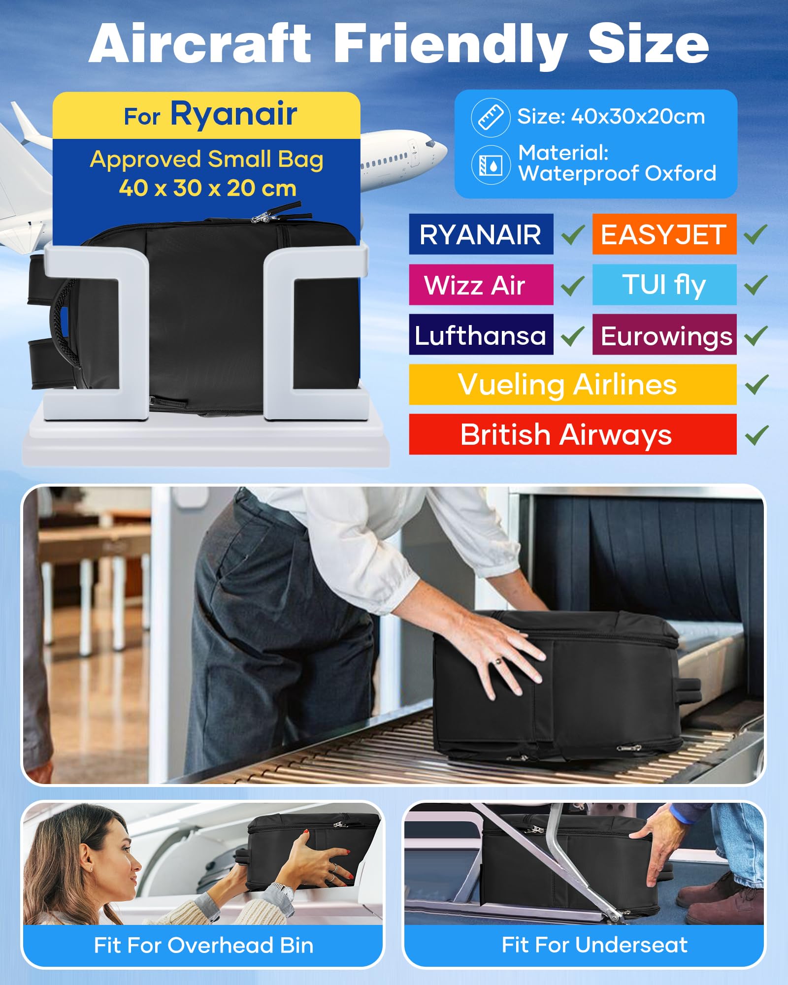 SZLX Zaino Ryanair 40x30x20 Sottovuoto Zaino da Viaggio 40x20x25 Ryanair Wizzair Donna da escursionismo impermeabile Zaino Casual Laptop da 14 Pollici con porta di ricarica USB Scomparto per Scarpe