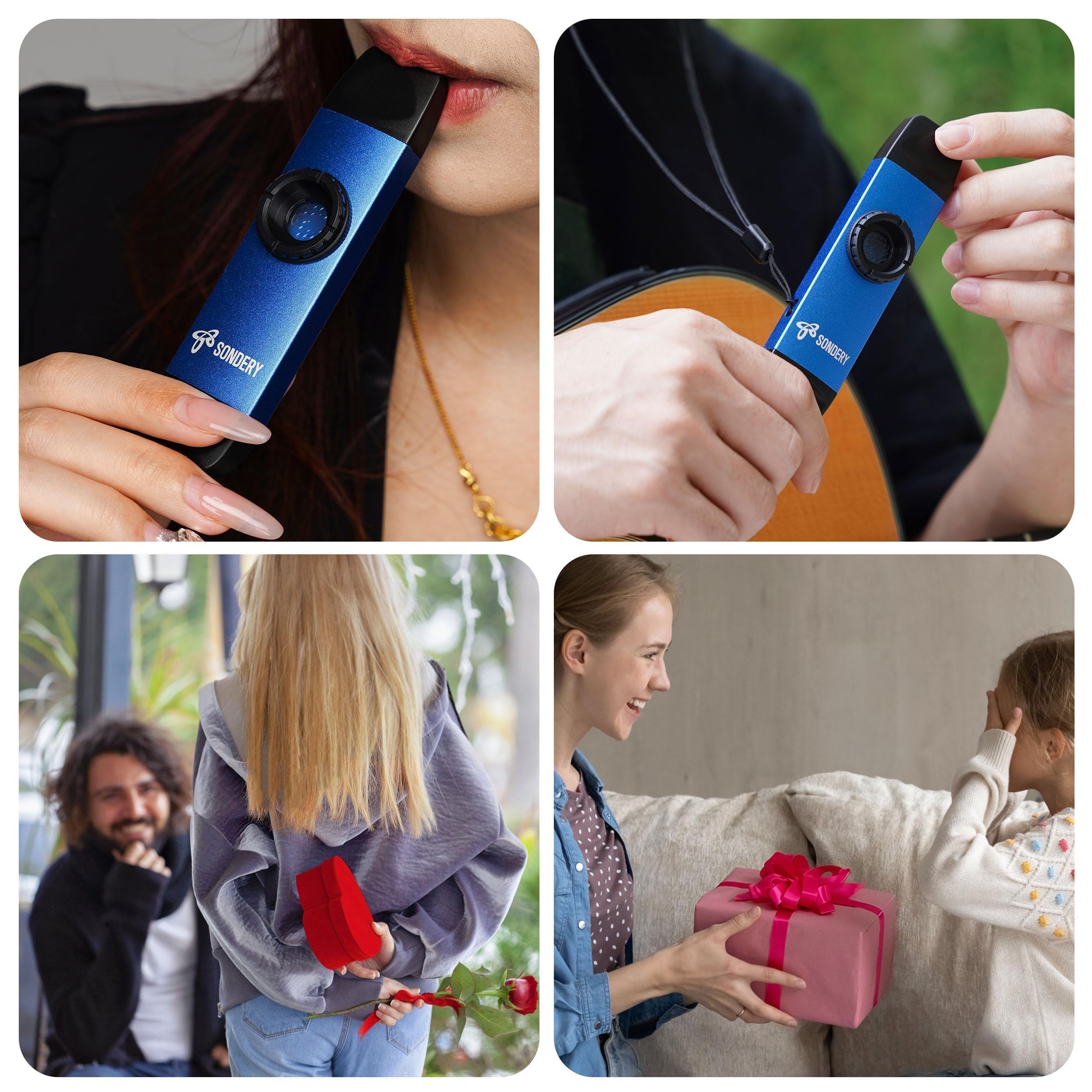 Sondery Kazoo professionnel en métal, kazoo à double tête avec cordon et 5 membranes pour tous les âges et occasions, bleu