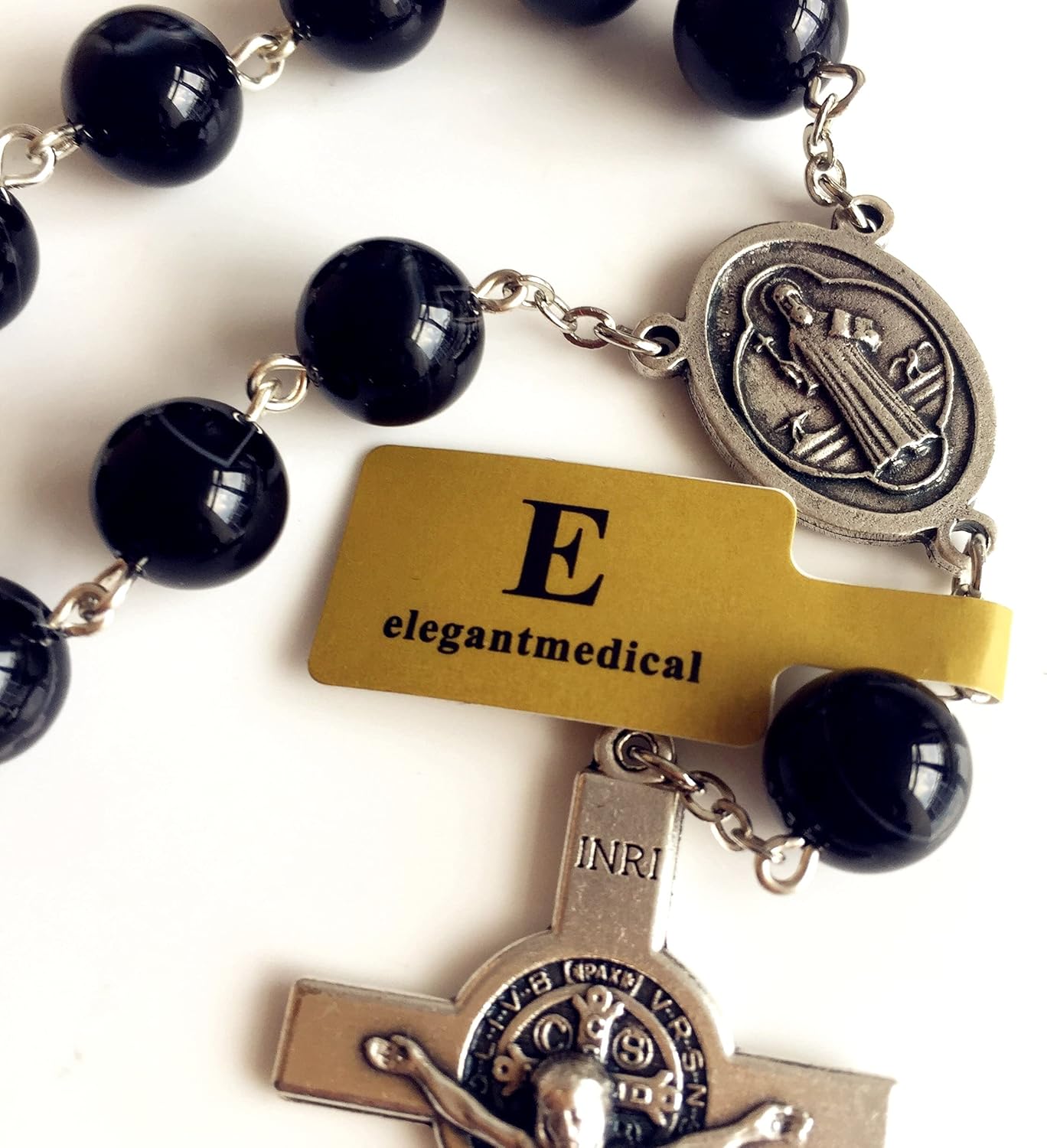 elegantmedical HANDMADE Natural Black Agate bead Catholic Saint St. BENEDICT one decade rosary bracelet cross Religions Gifts Rosary for Car - Image 3