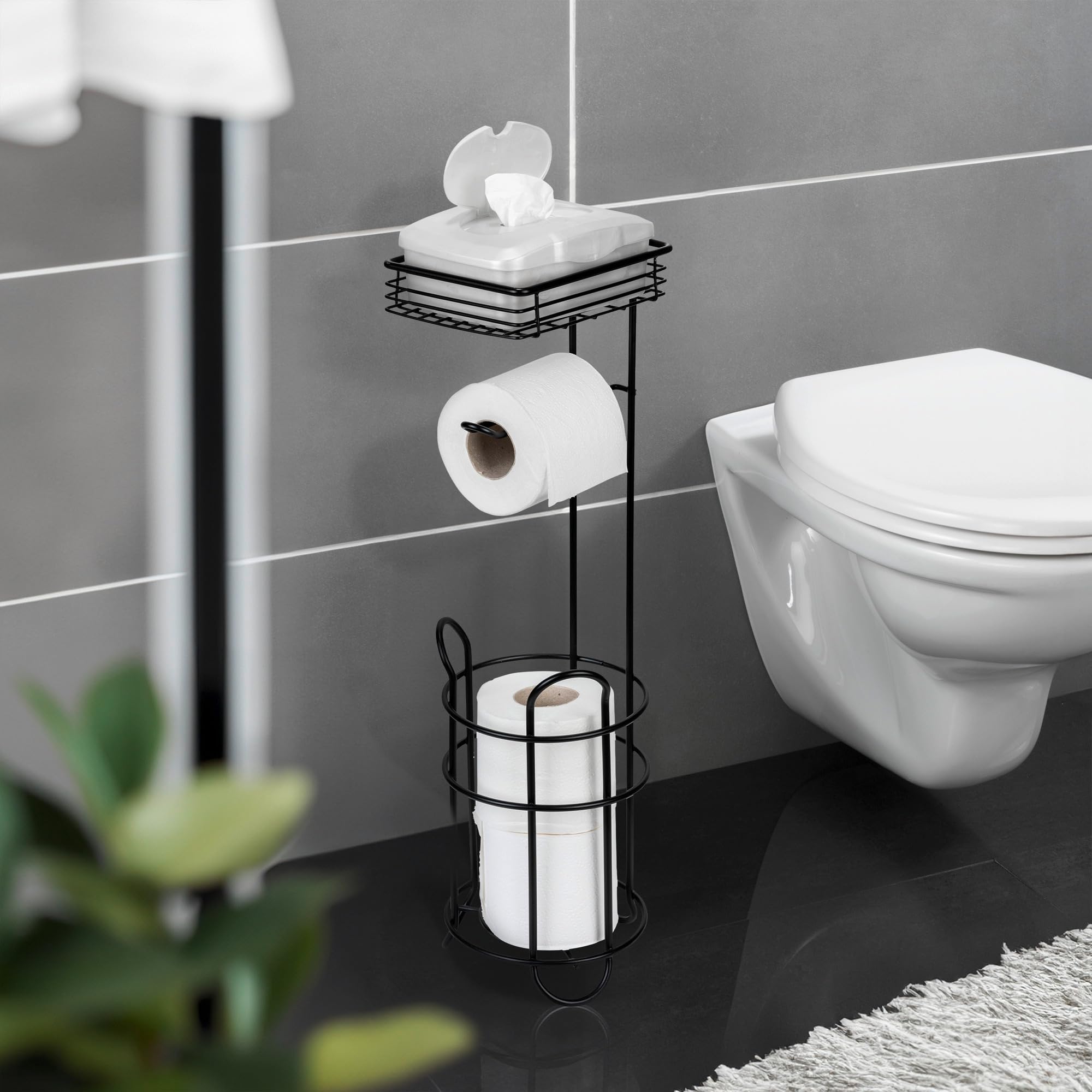 WENKO Portarrollos de Papel higiénico de pie [Metal Negro] con Estante – Soporte para Papel higiénico con Espacio para 3 Rollos – Portarrollos de Papel higiénico de pie