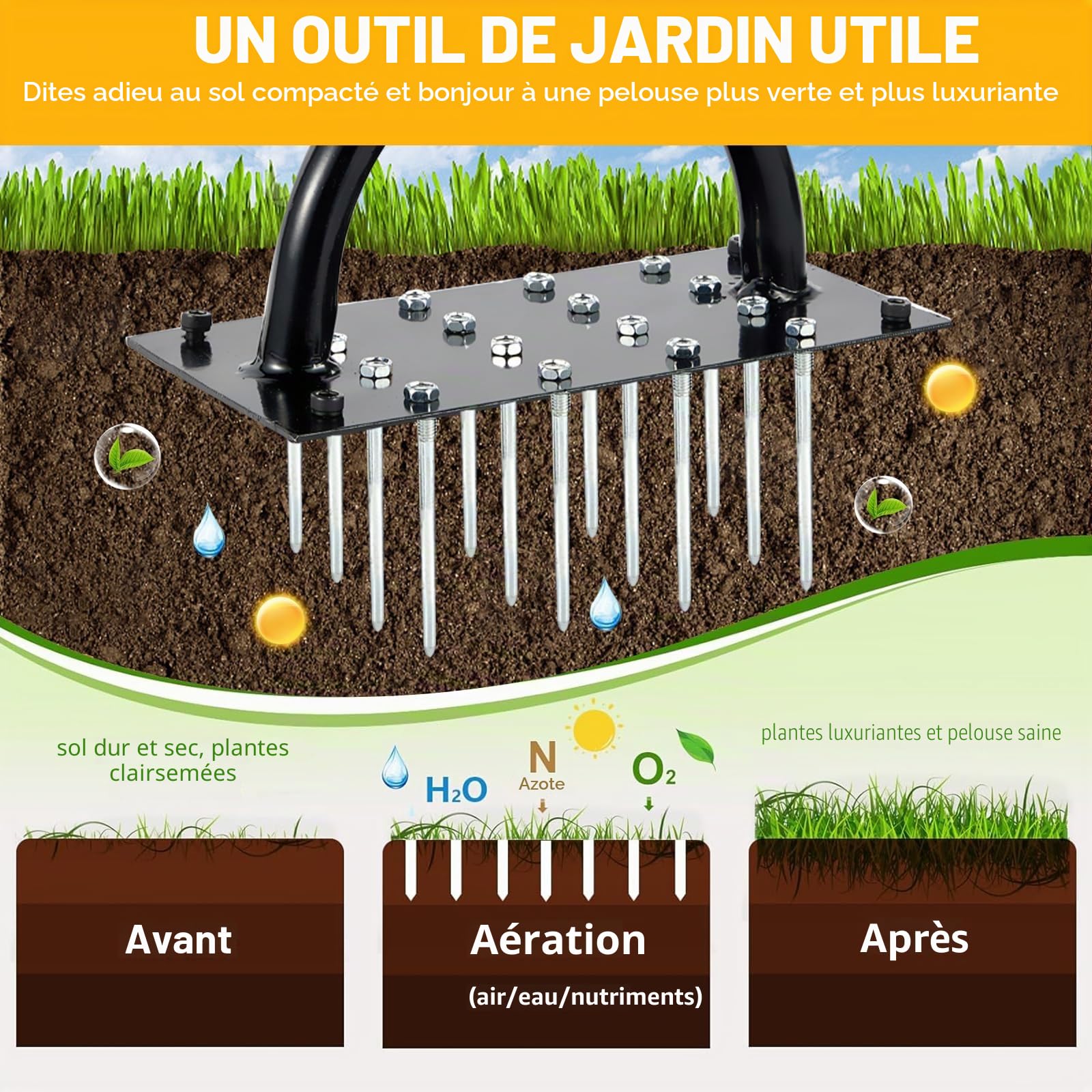 Rocky&Chao Aérateur Manuel pour pelouse – Outil de Jardin à Double Plaque avec 16 Pointes et 4 Ressorts, poignée en T, idéal pour sols compacts et Entretien du Gazon