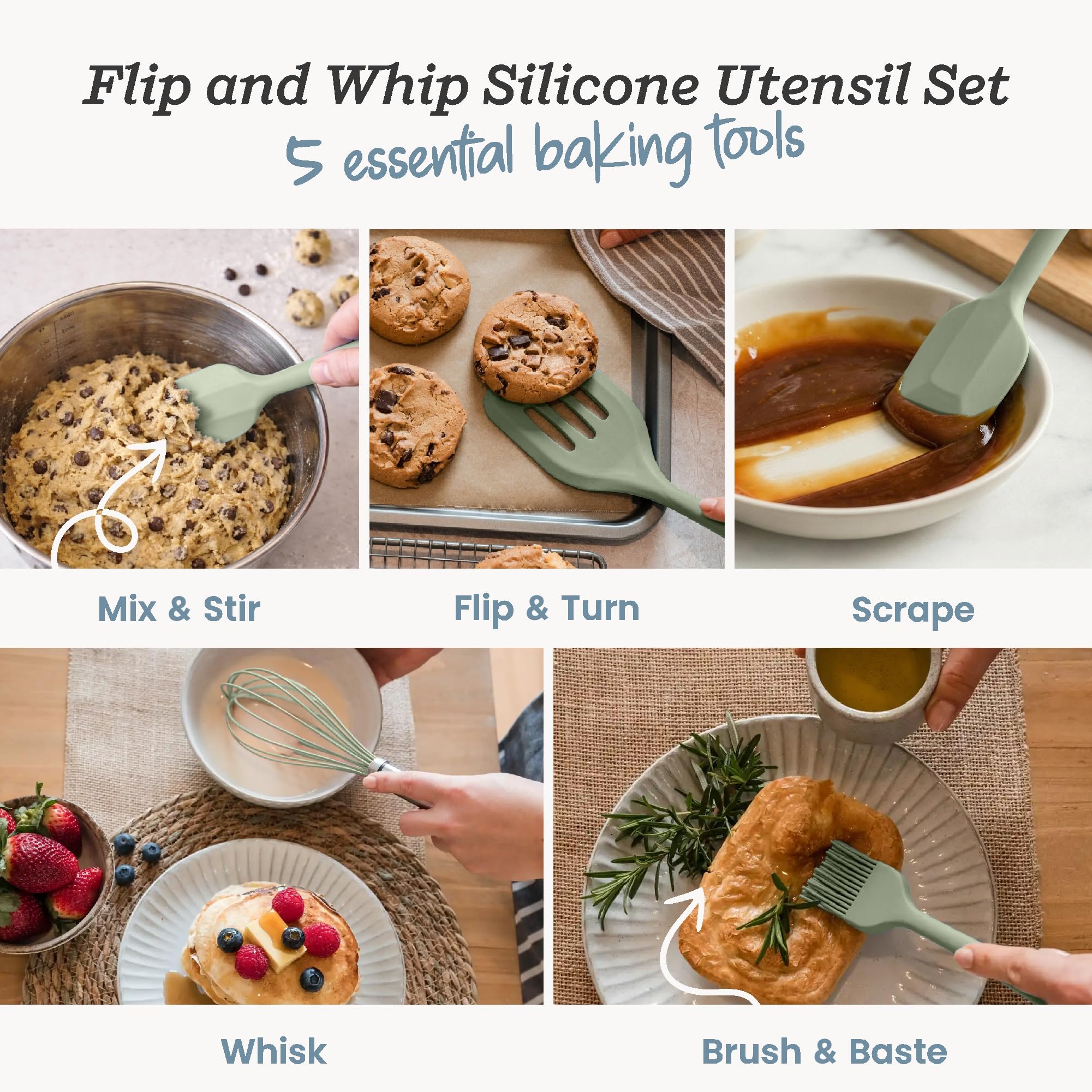 Starpack 'Flip & Whip' - Juego de utensilios de cocina de silicona prémium para hornear (5 piezas) – Utensilios de cocina resistentes al calor hasta 315.6 °C – Utensilios para hornear – Espátulas