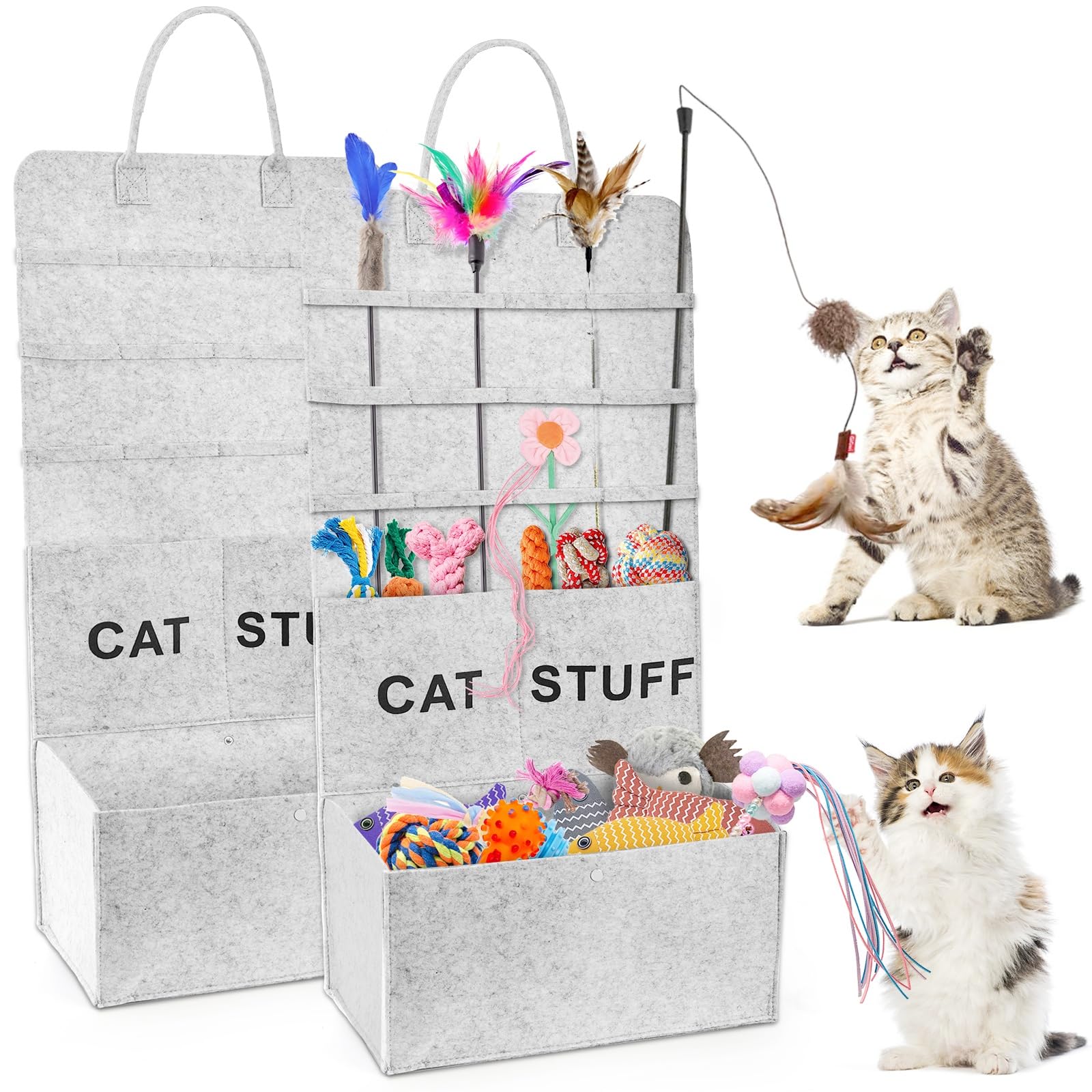ZAVOOS 2 Pack Cat Wand Toy Storage Bag, Hanging Cat Teaser Holder for Neatly Organization, Durable Feather Pet Toy Organizer Bag with Handle for Indoor Pet Supplies, Feline Safety