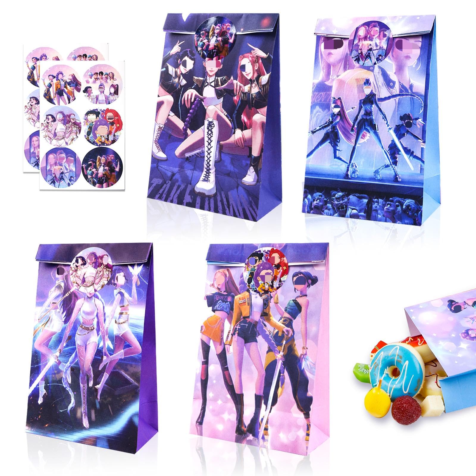 12 Pcs Hunters Party Bags Paper, Sweets Party Gift Bags Candy Paper Bags with 12 Stickers, Birthday Candy Bags for Kids, Demon Hunter Theme Party Supplies for Boys Girls Decoration