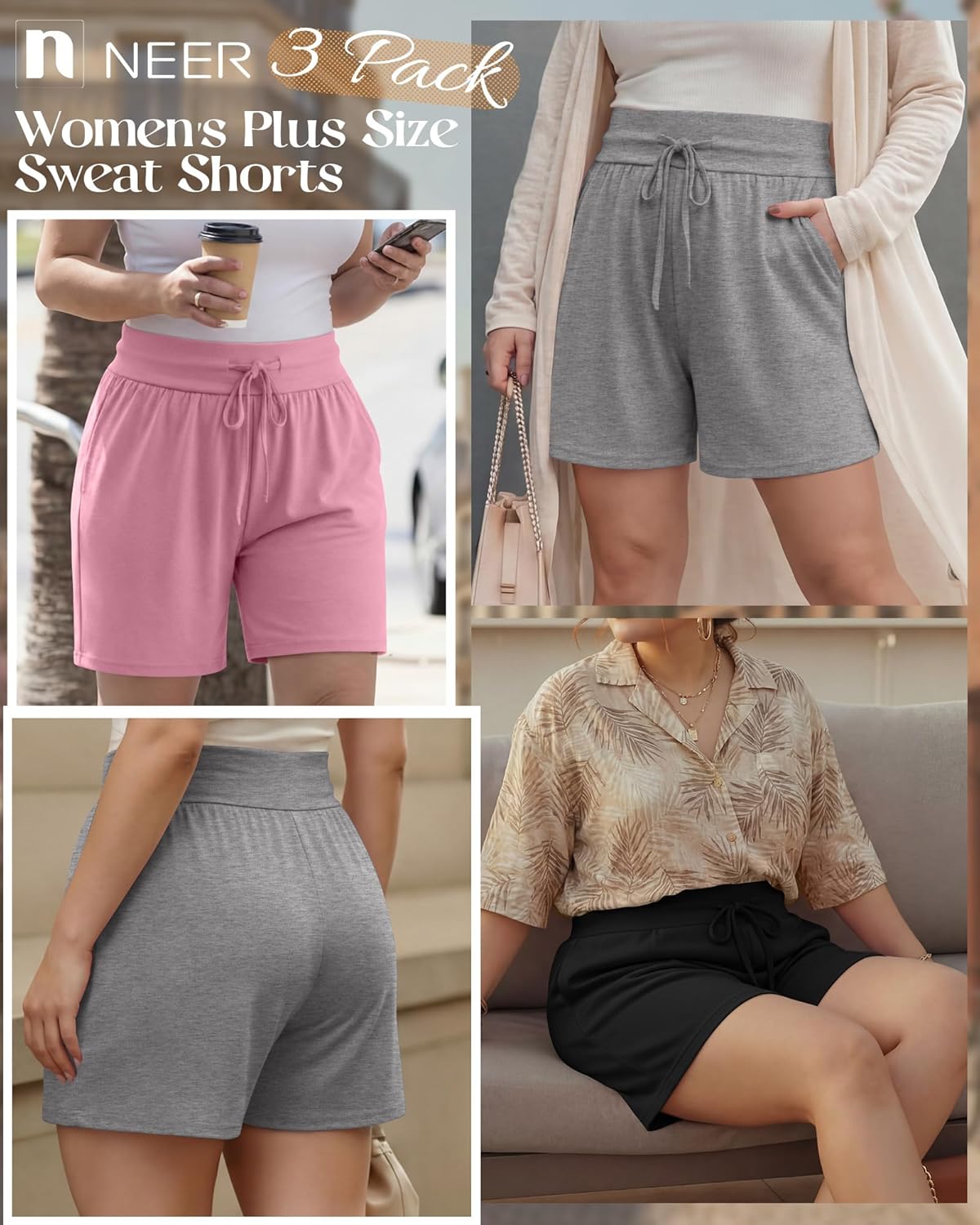 Neer 3 Pack Women's Plus Size Sweat Shorts, Drawstring Lounge Shorts Casual Summer Lightweight Soft Shorts with Pockets