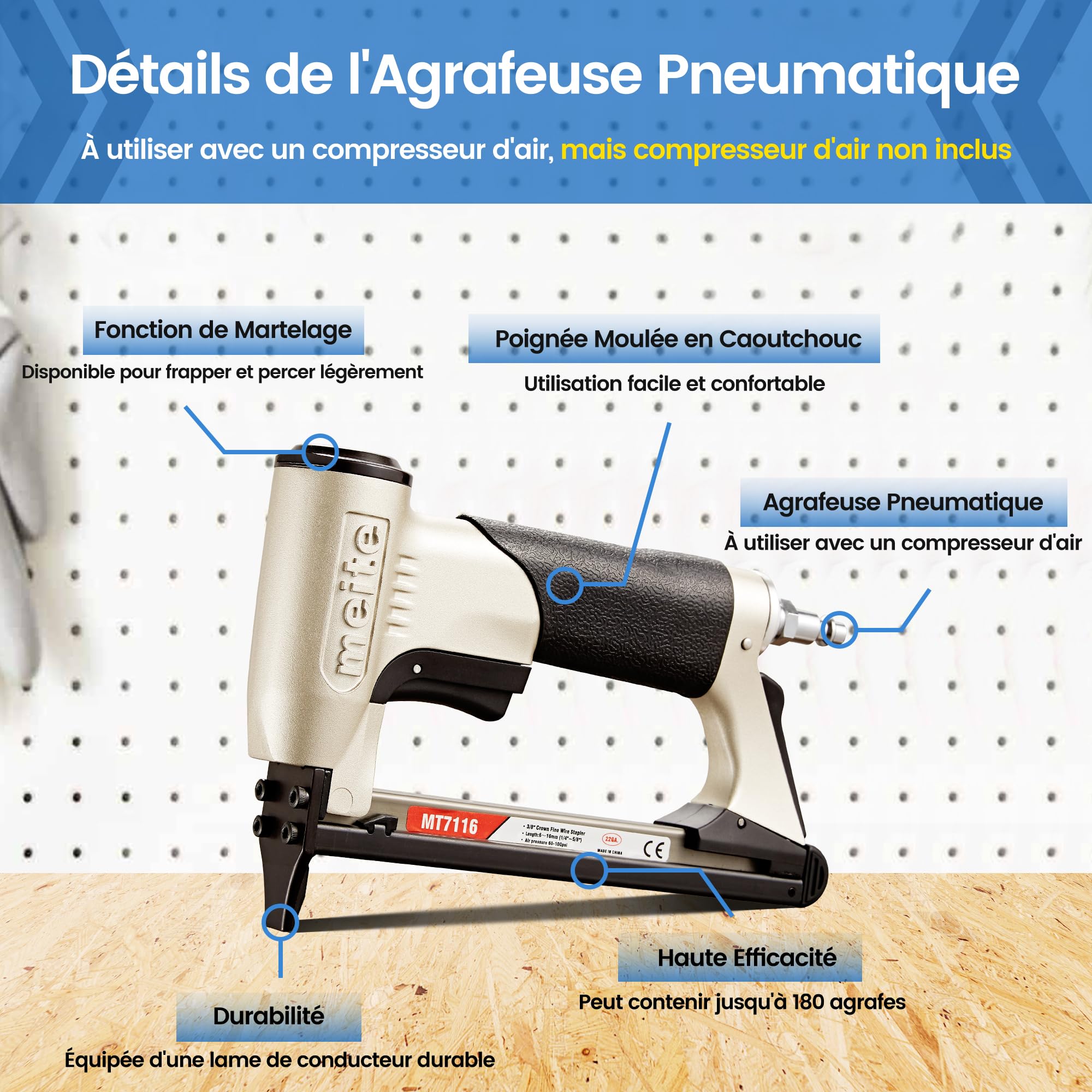 meite MT7116 Agrafeuse Tapissier Pneumatique, Utilise des Agrafes de Type 71, Agrafes 6 à 16 mm, Couronne 9,1 mm – Pression de Travail 4–7 bar – Agrafeuse Pneumatique Pour Meubles et Travail du Bois
