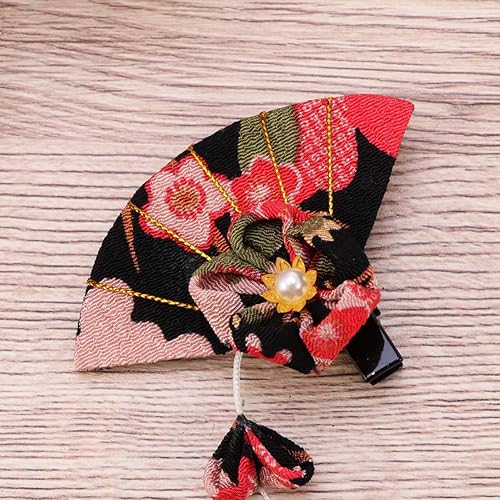 Miniatura 3 de Happyyami Horquilla de flores de estilo japonés hecha a mano decoración de tela Sakura borla tocado clip de pelo pasador para damas (negro), Negro -