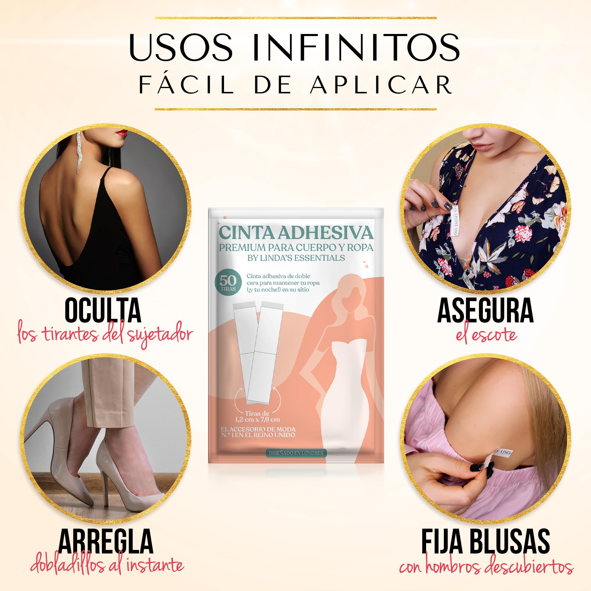 Linda's Essentials Cinta Doble Cara Ropa y Piel Invisible (50 Cintas) Adhesivo Natural Extrafuerte y Resistente al Sudor - Hipoalergénica - Sin Daños en Piel y Ropa Sin Residuos Body Tape y Boob Tape