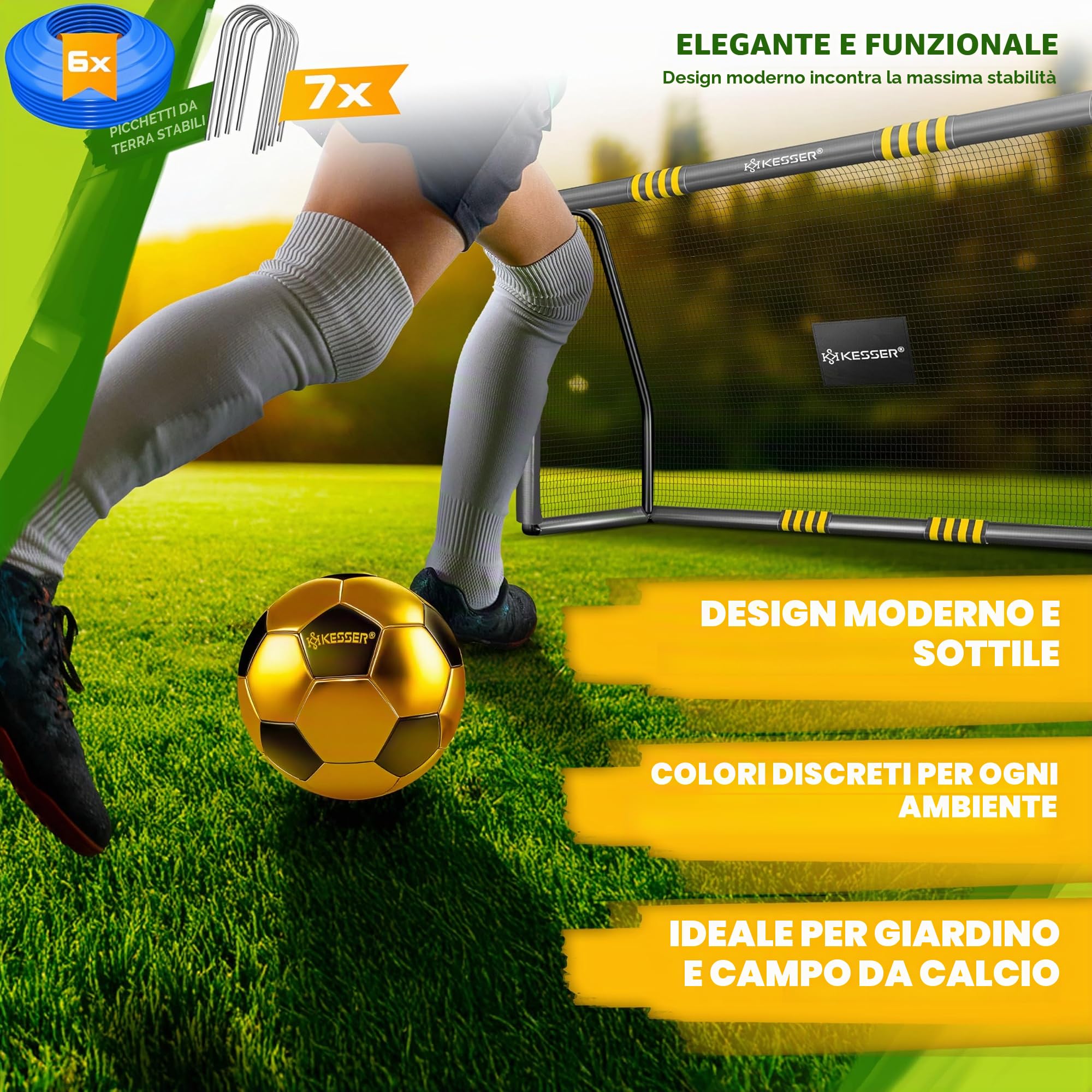 KESSER® Porta da calcio – Porta da calcio di alta qualità 240 cm, allenamento tiro allenamento rete resistente ai raggi UV, telaio in acciaio con imbottitura, picchetti per terra, pompa ad aria, coni
