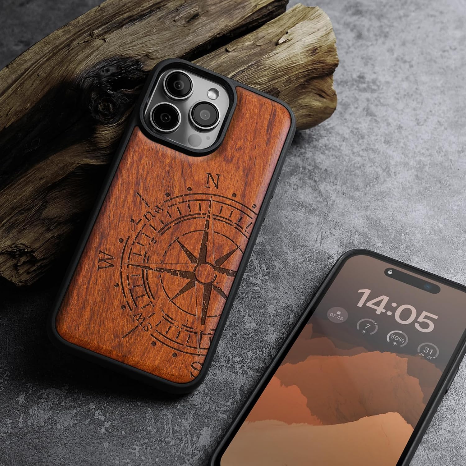 Carveit Magnetic Wooden Case for iPhone 16 Pro Case, Wood Artisan Engraved & Black Soft TPU Shockproof Cover, Compatible with MagSafe Wireless Chargers (The Incomplete Compass) Rosy