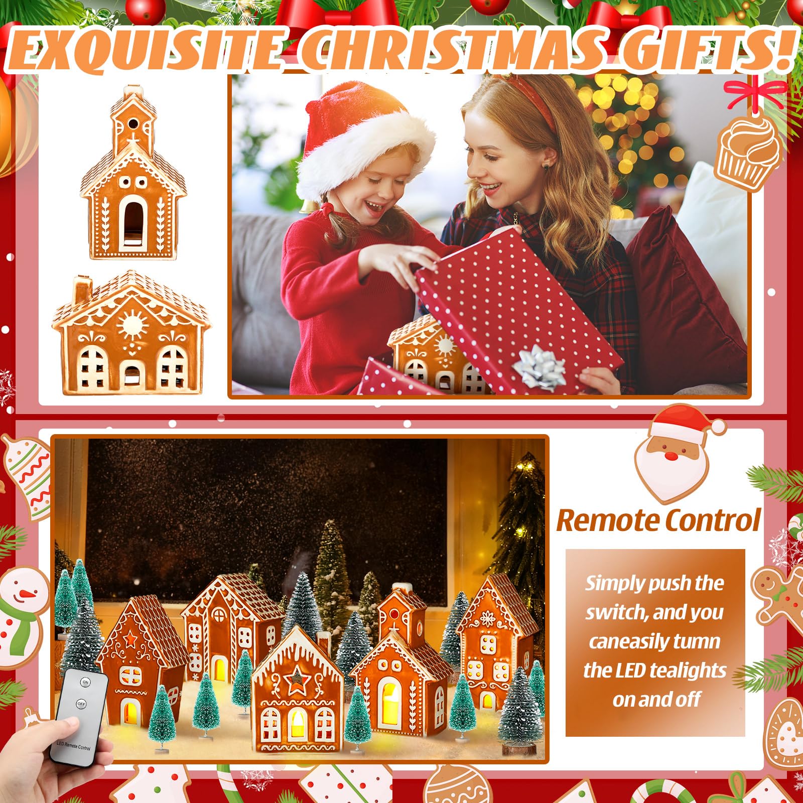 WILLBOND Lot de 29 pièces de Village de Noël en Pain d'épices glacé - 8 Maisons de Village en Pain d'épices Lumineuses en céramique avec télécommande et 13 Arbres - Figurines de Noël pour décoration